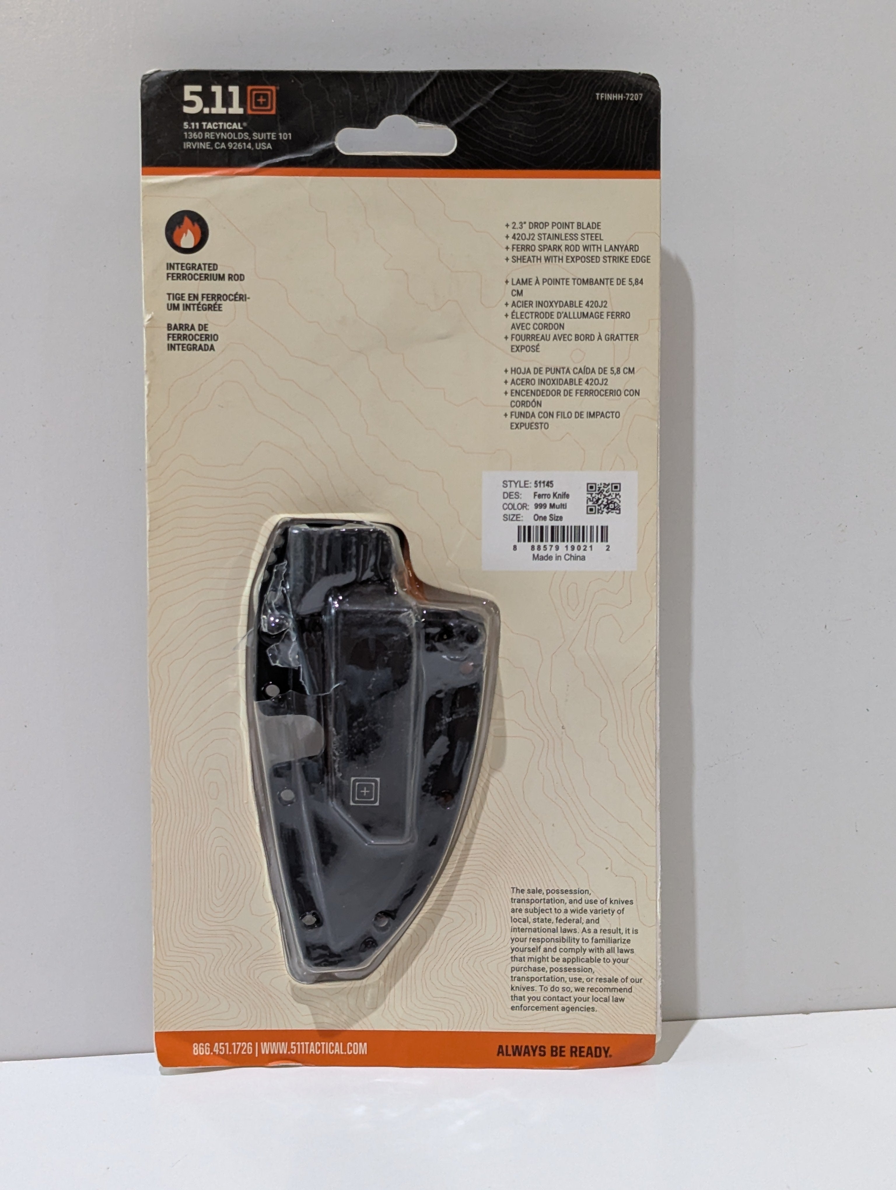 5.11 Tactical Ferro Survival Knife 51145 Fixed Blade Fire Starter Sheath Sealed