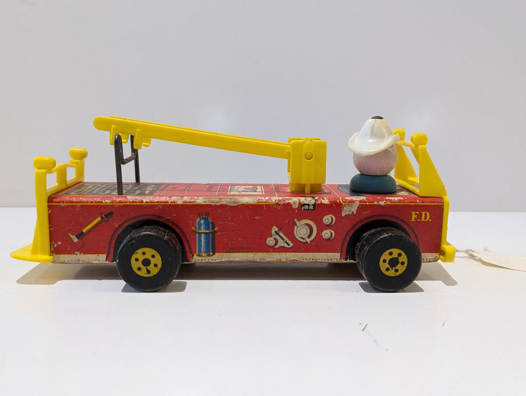 Vintage Fisher-Price No. 630 Fire Truck Wooden Pull Toy With Firefighter Ladder