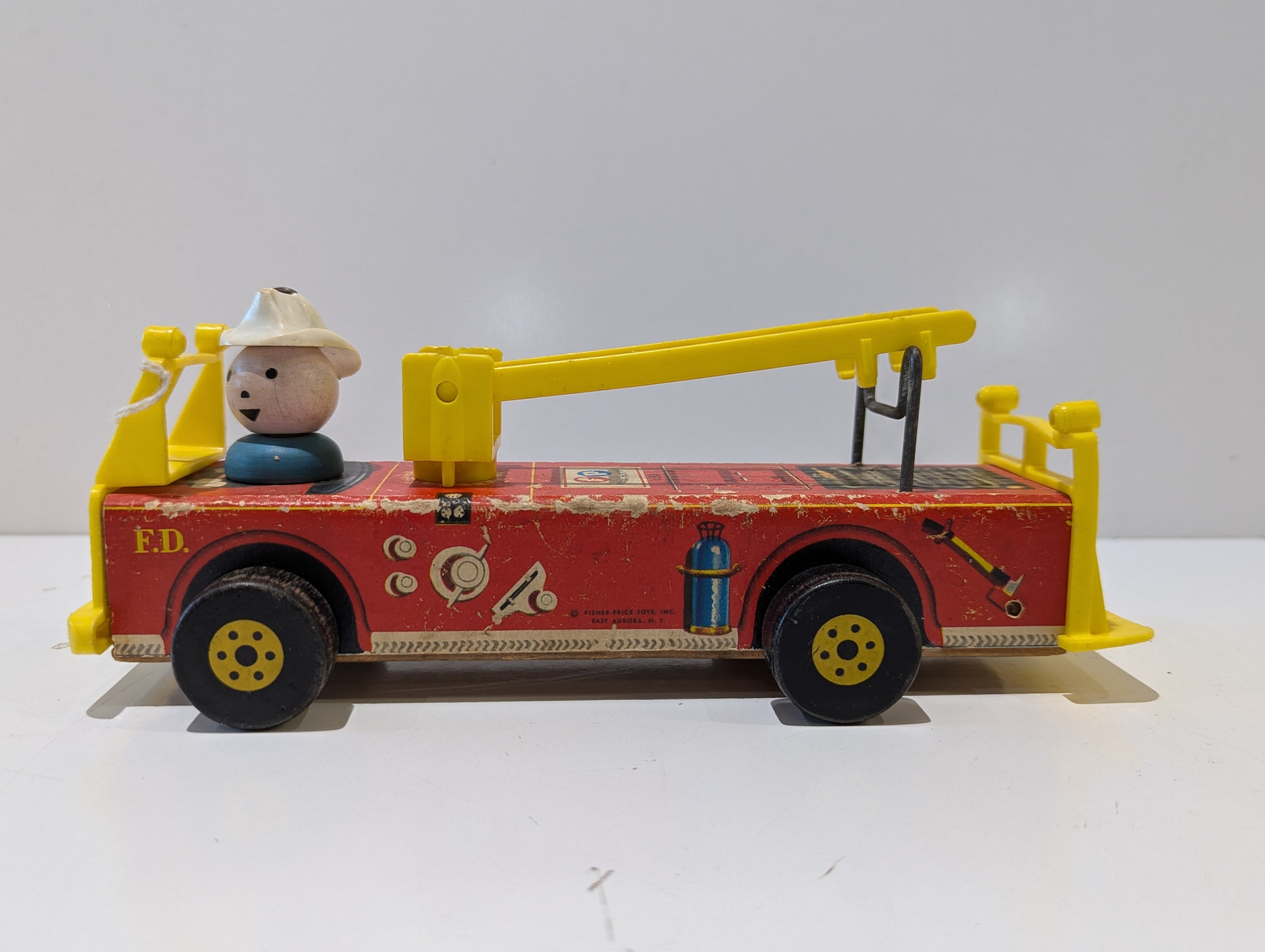 Vintage Fisher-Price No. 630 Fire Truck Wooden Pull Toy With Firefighter Ladder