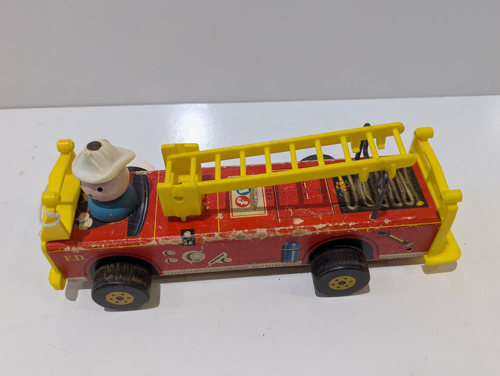 Vintage Fisher-Price No. 630 Fire Truck Wooden Pull Toy With Firefighter Ladder