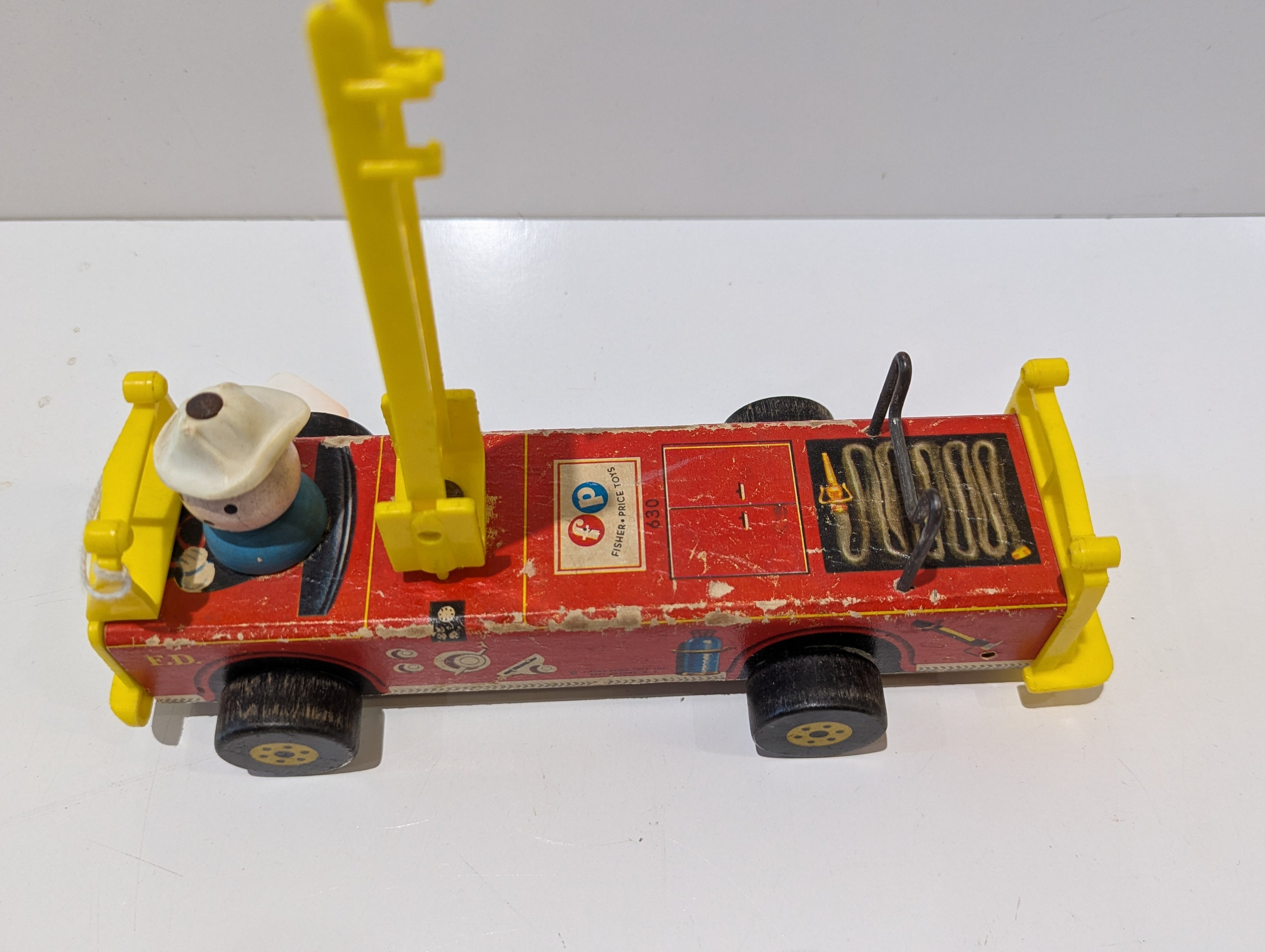 Vintage Fisher-Price No. 630 Fire Truck Wooden Pull Toy With Firefighter Ladder