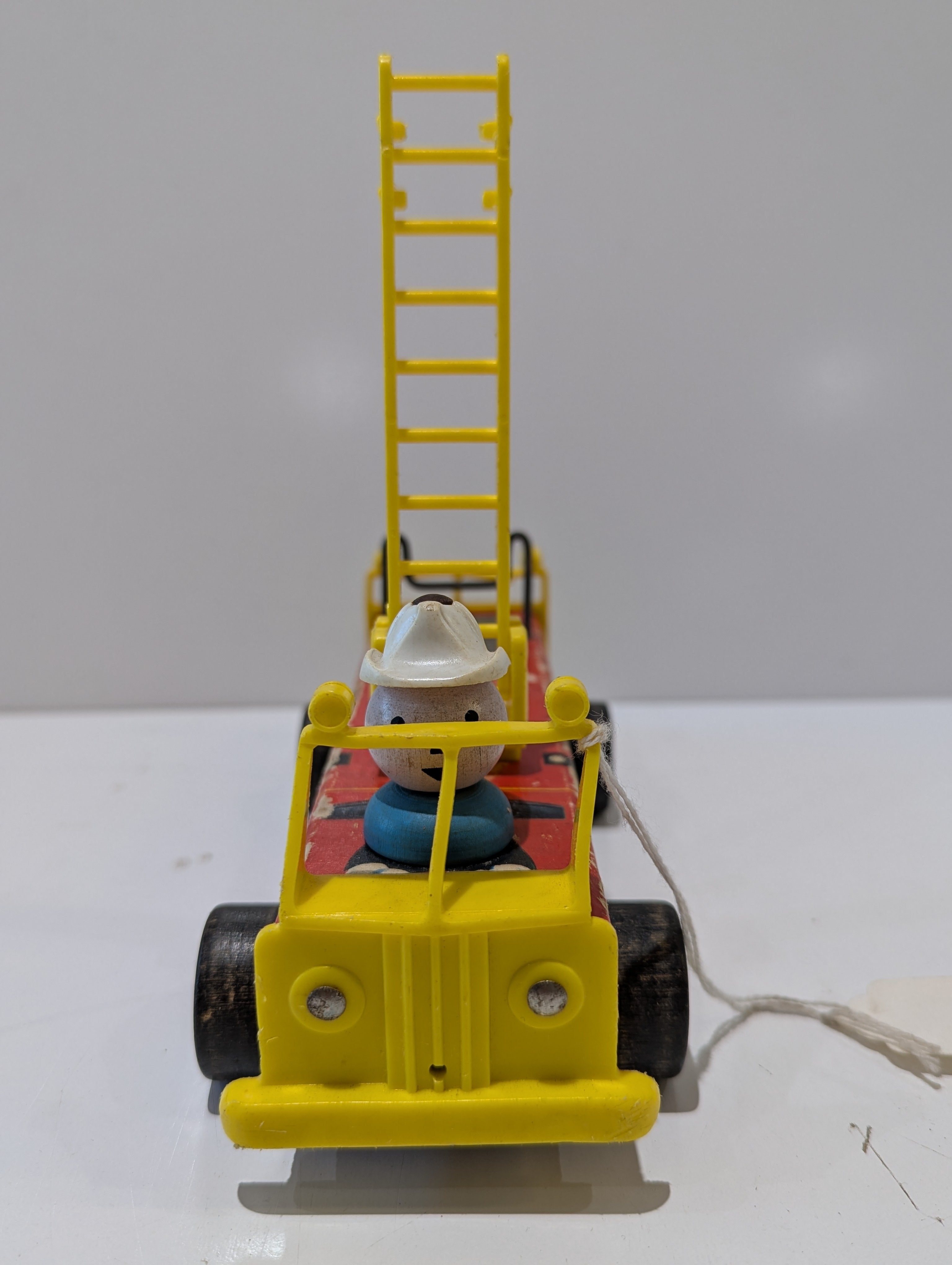 Vintage Fisher-Price No. 630 Fire Truck Wooden Pull Toy With Firefighter Ladder