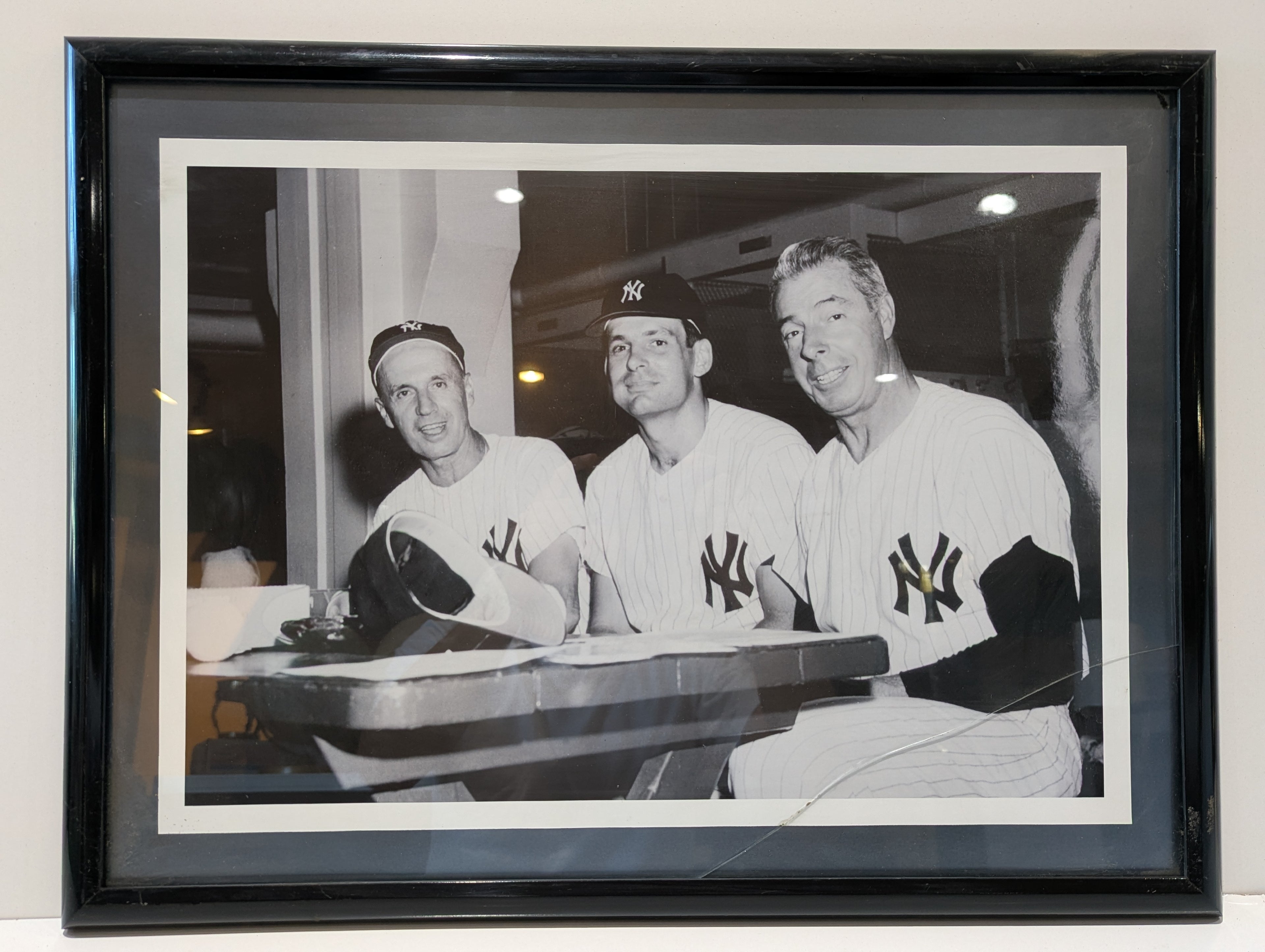 Damaged Joe DiMaggio Mickey Mantle Billy Martin Framed Yankees Black White Photo MLB