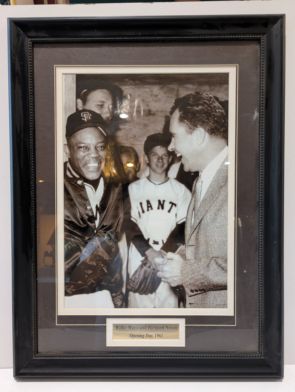 Vintage Willie Mays Richard Nixon Opening Day 1961 Framed Baseball Photo Display