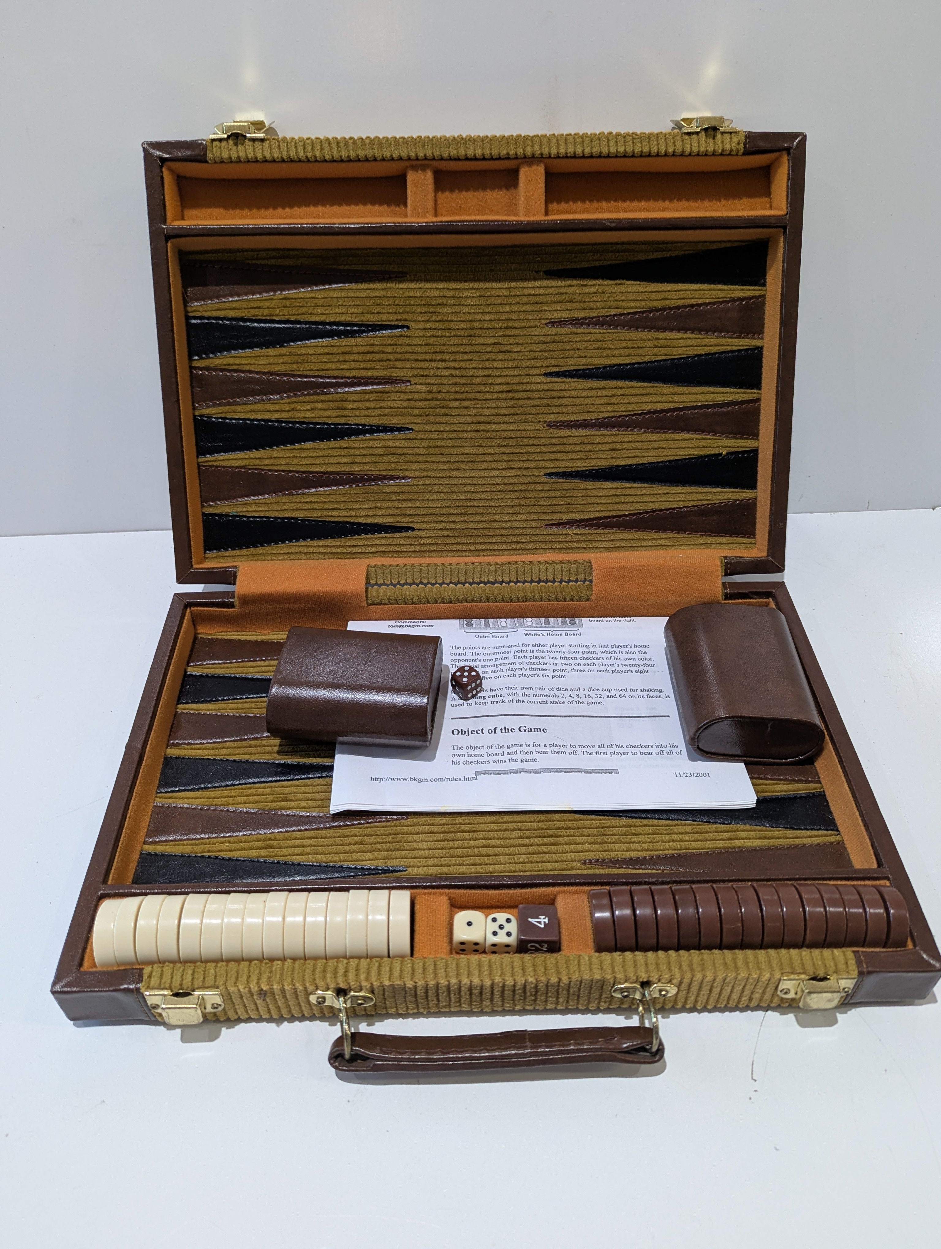 Vintage Travel Backgammon Set Corduroy Carrying Case Complete Folding Game Board