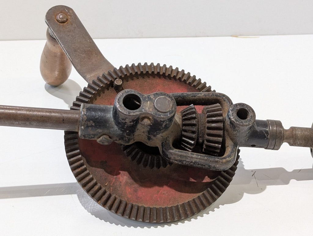 Vintage Hand Crank Breast Drill With Wood Handle Metal Gear Drive Chuck Woodworking Tool