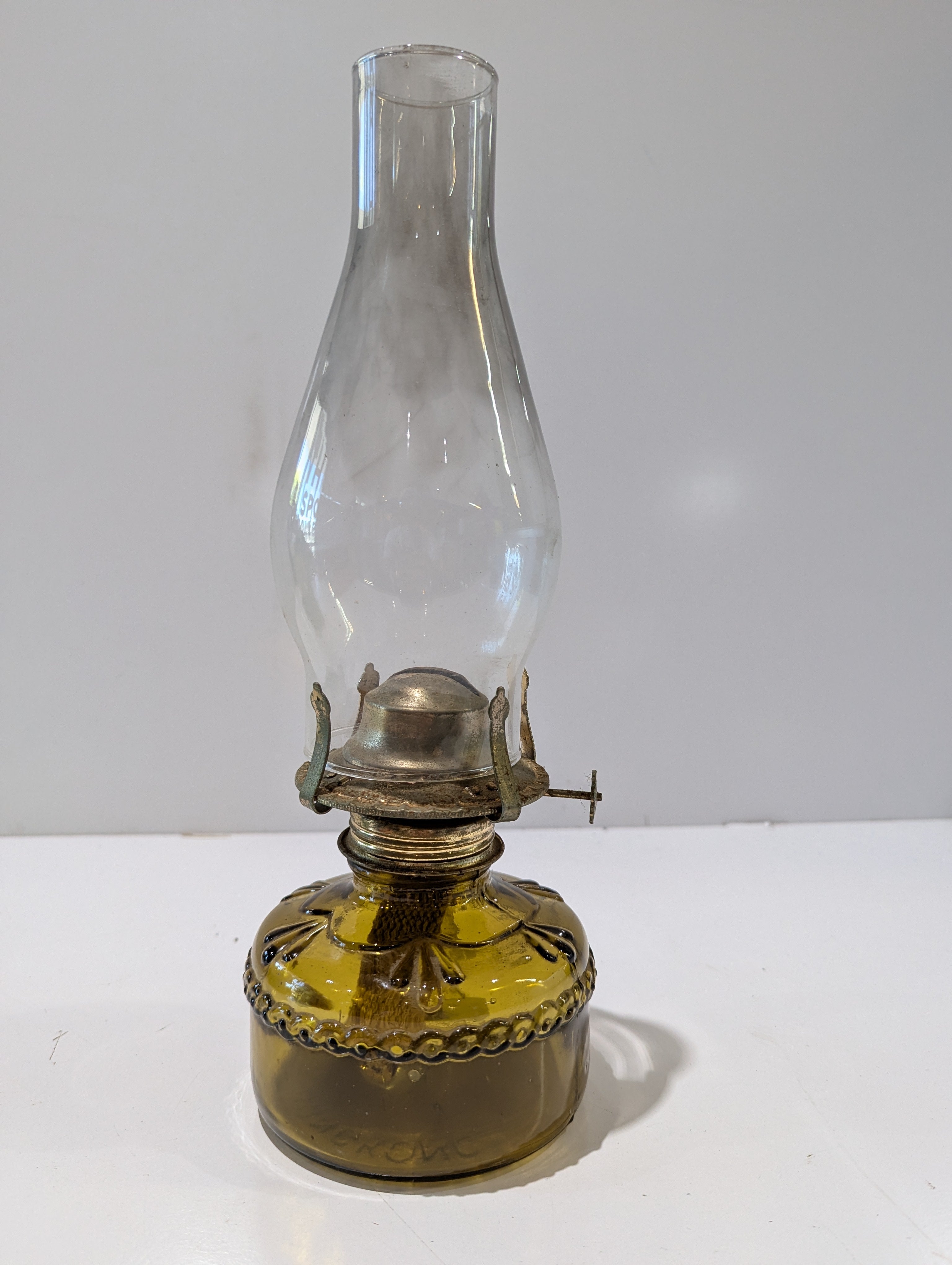 Vintage Amber Glass Mini Oil Kerosene Lamp Finger Loop Handle Clear Chimney Decor