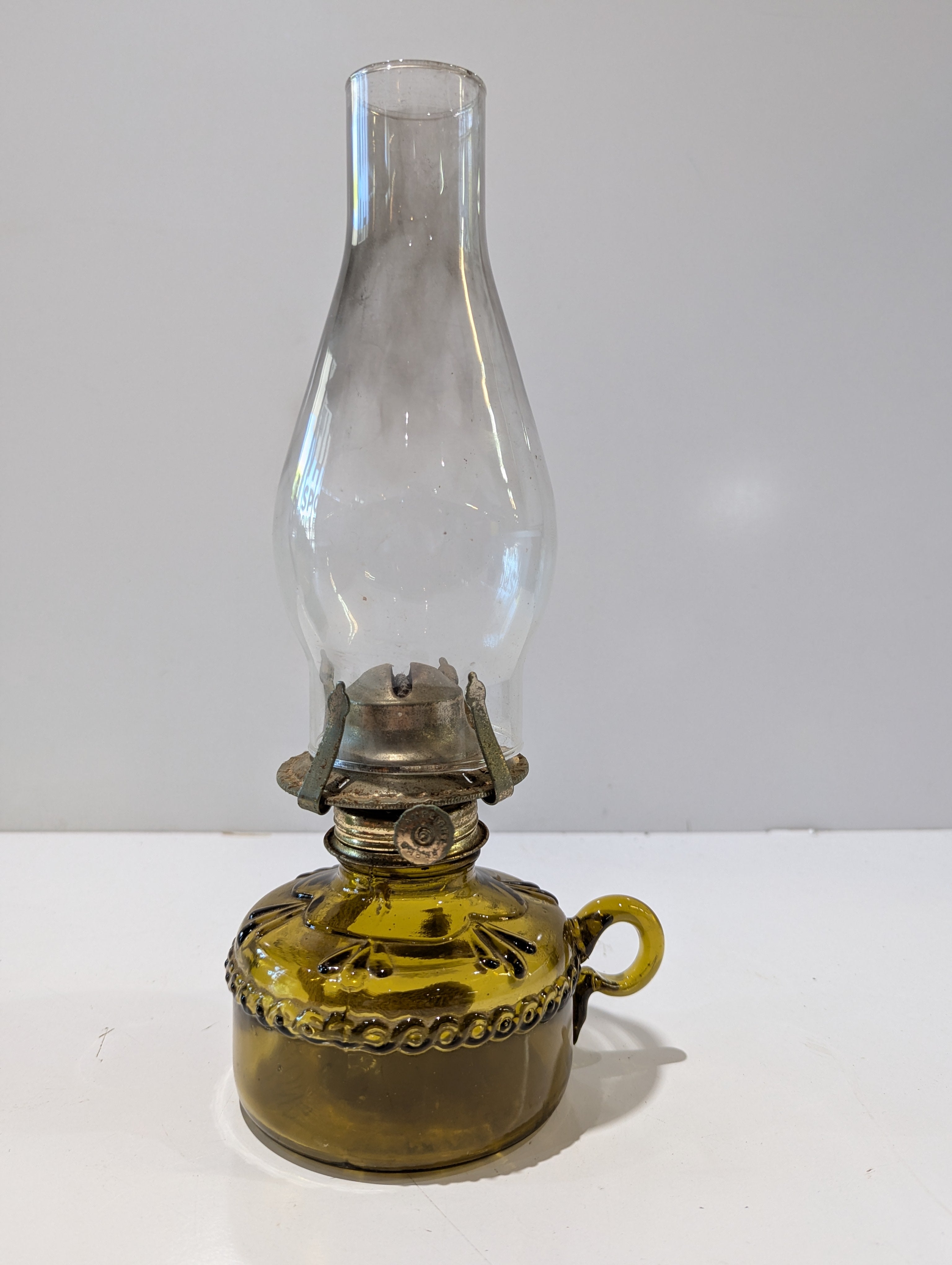 Vintage Amber Glass Mini Oil Kerosene Lamp Finger Loop Handle Clear Chimney Decor