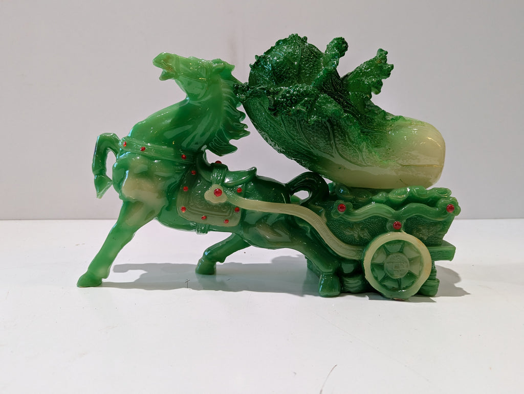 Vintage Chinese Jadeite Style Horse Pulling Cabbage Cart Resin Figurine Feng Shui