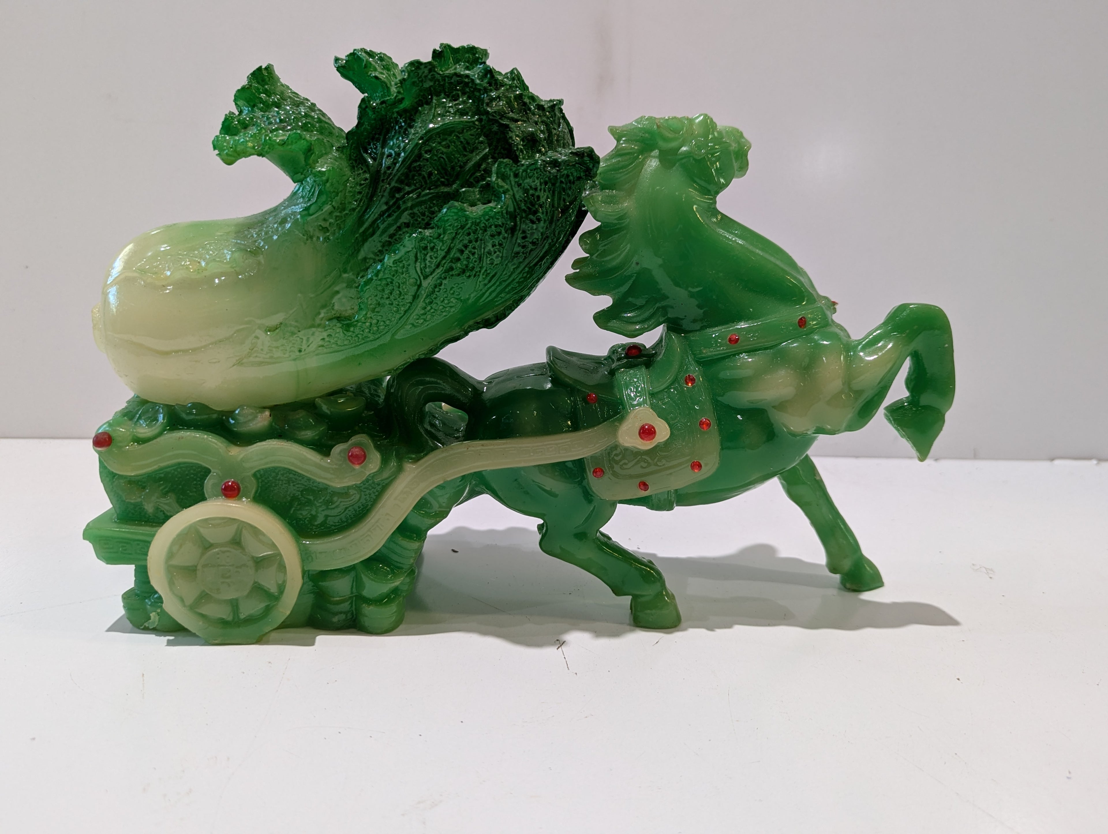 Vintage Chinese Jadeite Style Horse Pulling Cabbage Cart Resin Figurine Feng Shui