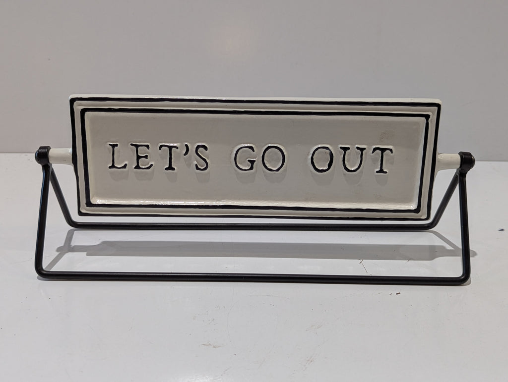 Reversible Let's Stay In Let's Go Out Ceramic Tabletop Home Decor Sign Stand