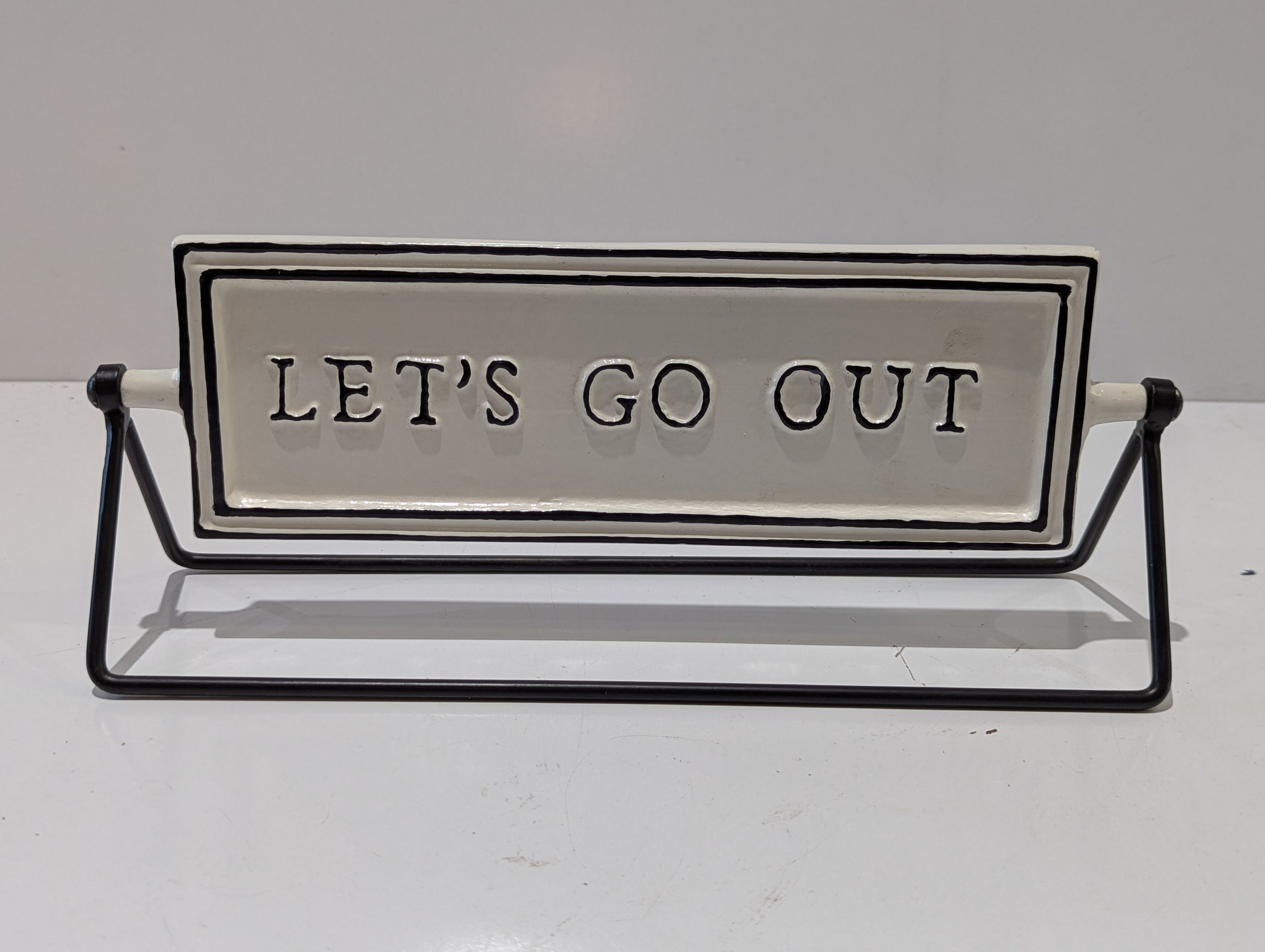 Reversible Let's Stay In Let's Go Out Ceramic Tabletop Home Decor Sign Stand