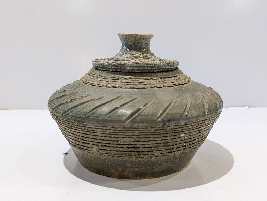 Rustic Studio Art Pottery Lidded Ceramic Jar Green Textured Decorative Vessel Urn