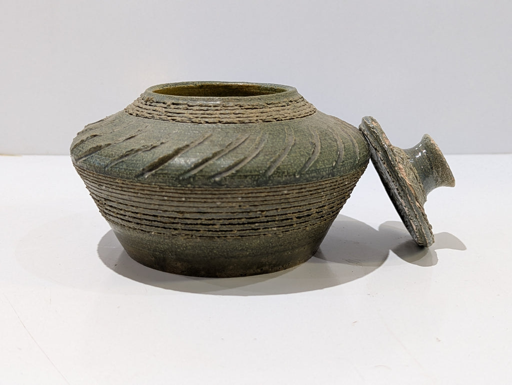 Rustic Studio Art Pottery Lidded Ceramic Jar Green Textured Decorative Vessel Urn