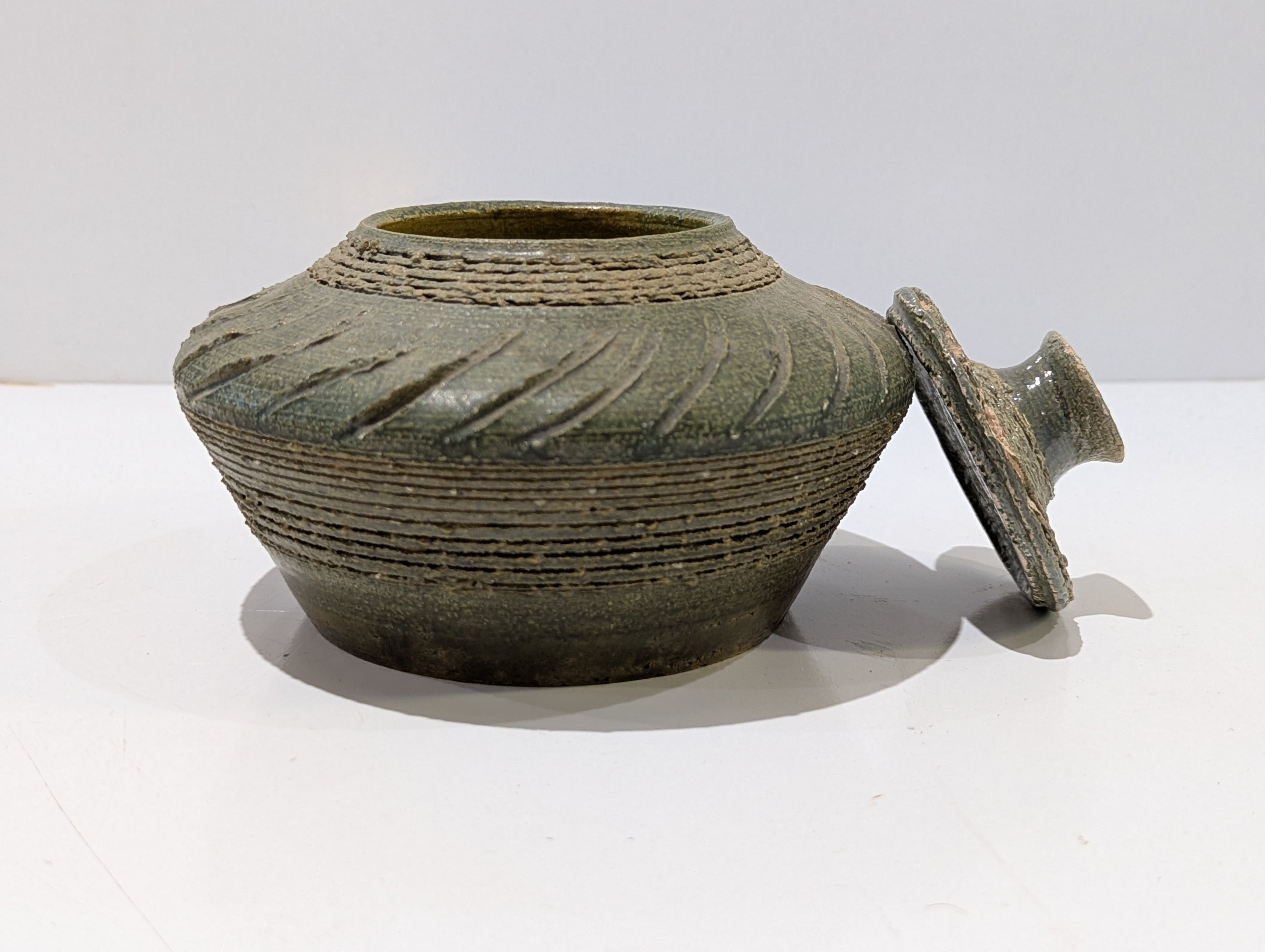 Rustic Studio Art Pottery Lidded Ceramic Jar Green Textured Decorative Vessel Urn