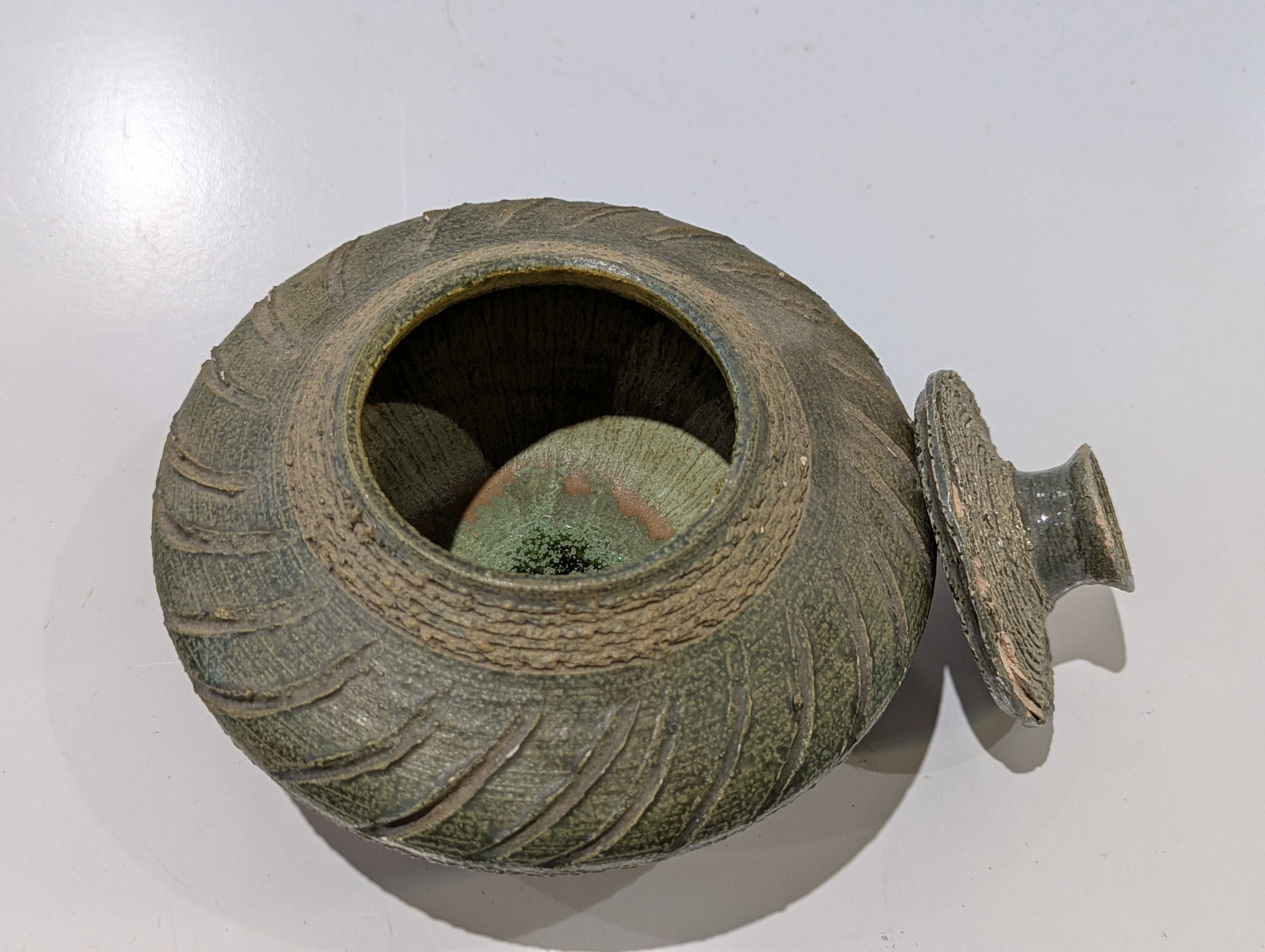 Rustic Studio Art Pottery Lidded Ceramic Jar Green Textured Decorative Vessel Urn
