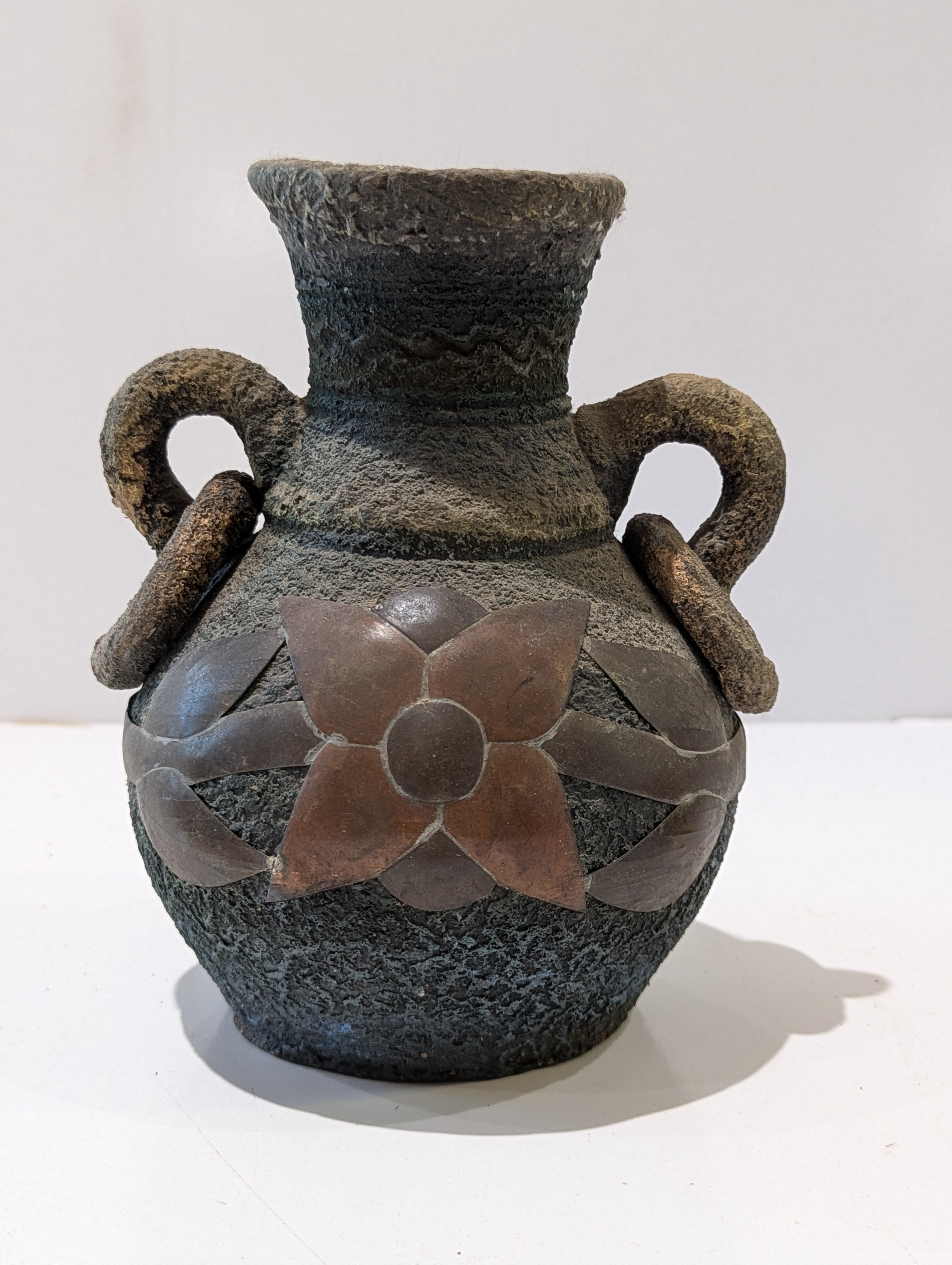 Rustic Textured Double Handle Decorative Amphora Style Vase Floral Relief Home Decor