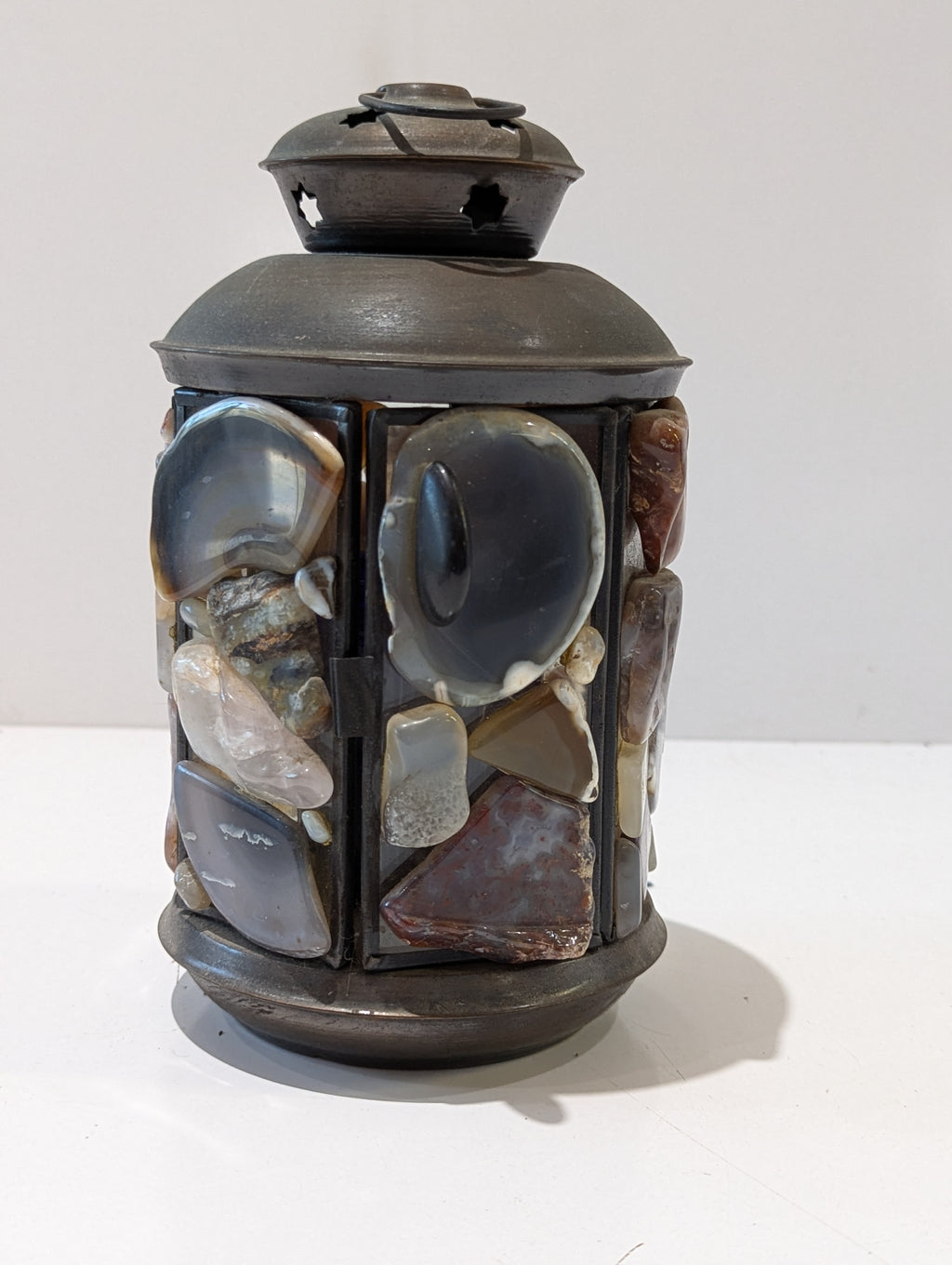 Rustic Agate Stone Mosaic Candle Lantern Tea Light Holder Metal Decorative Accent