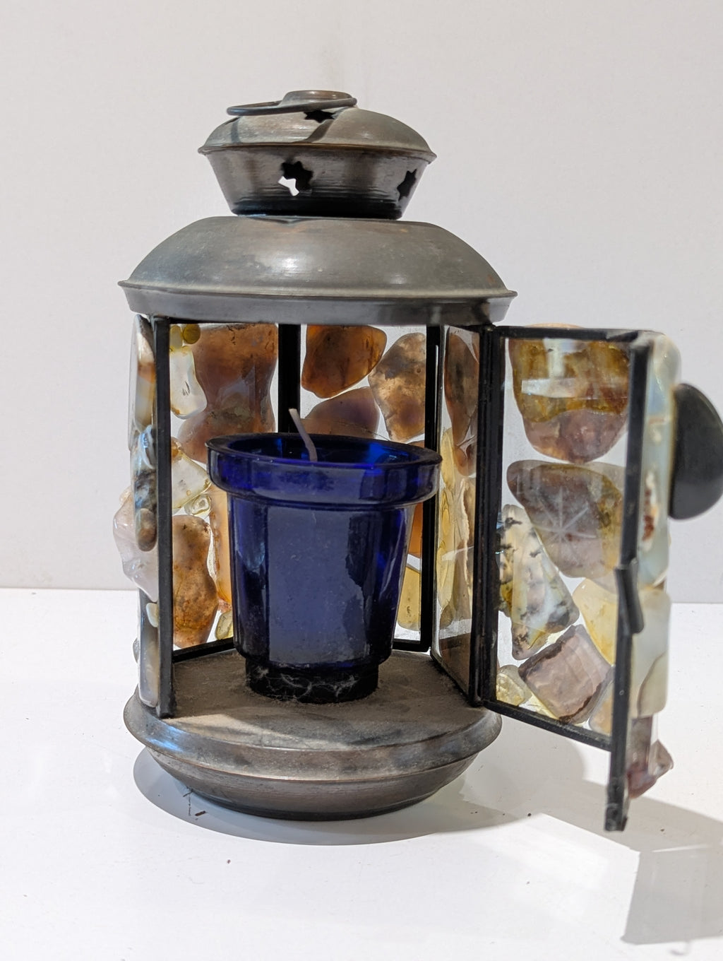 Rustic Agate Stone Mosaic Candle Lantern Tea Light Holder Metal Decorative Accent