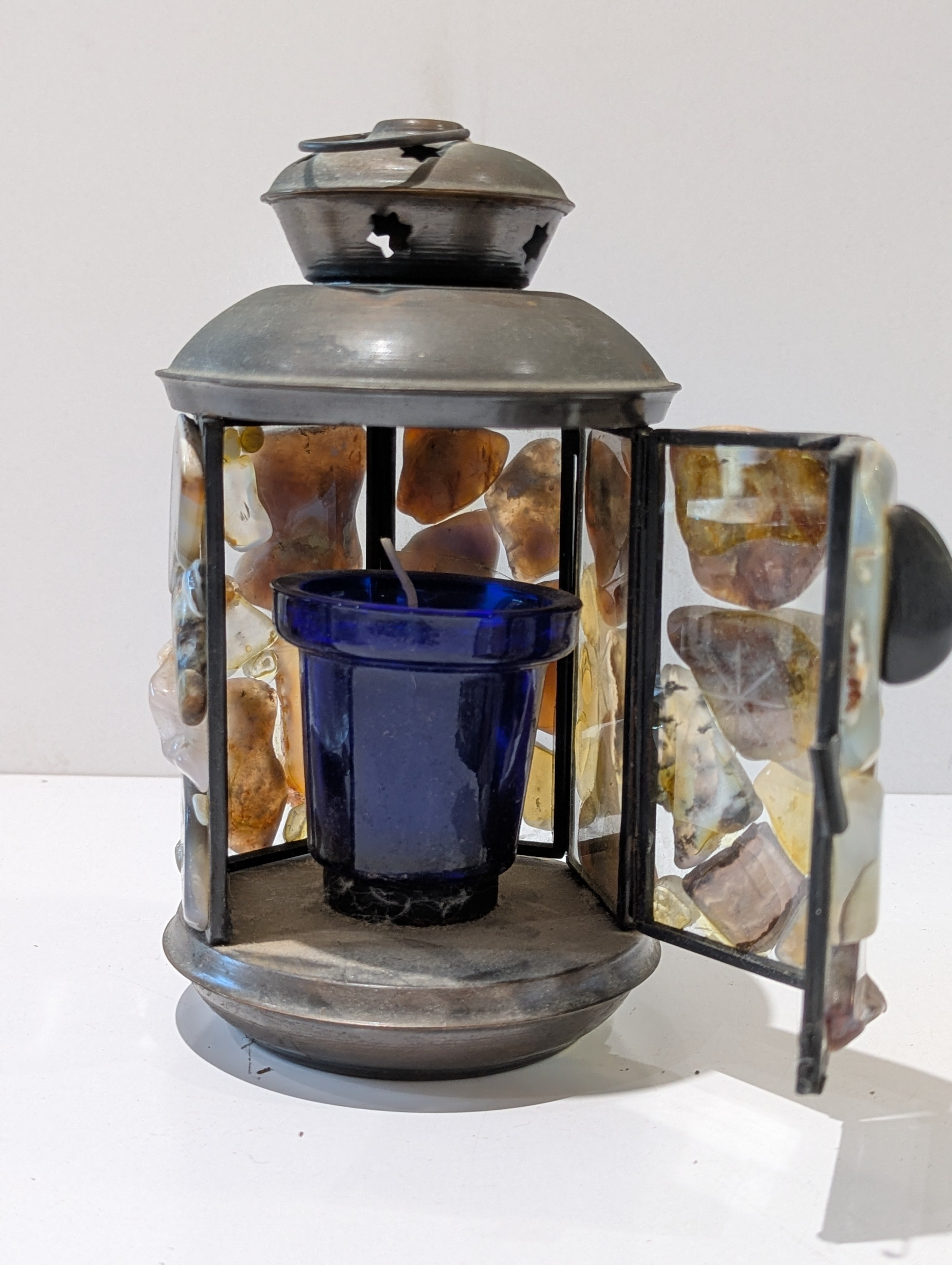 Rustic Agate Stone Mosaic Candle Lantern Tea Light Holder Metal Decorative Accent