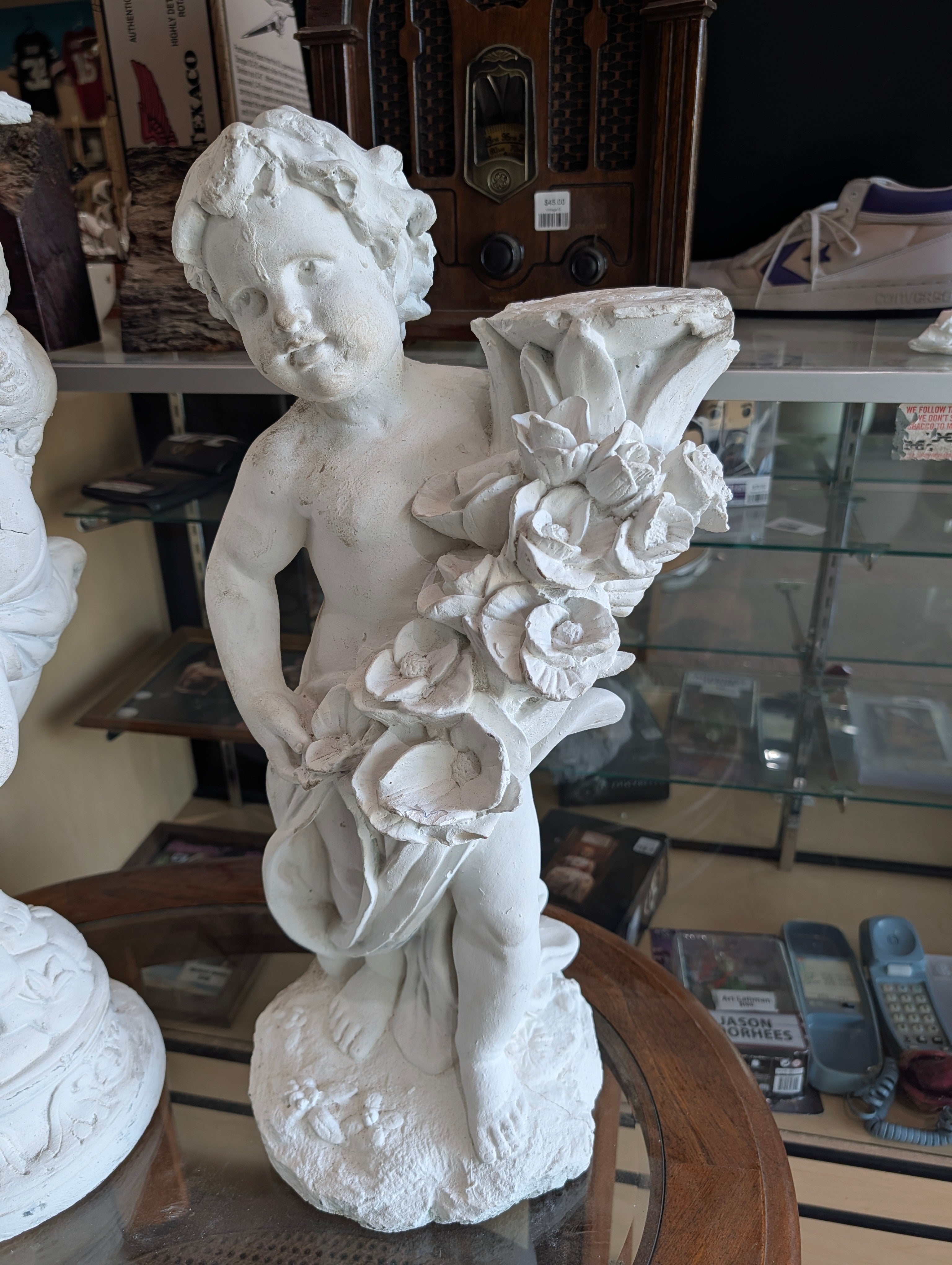 Vintage Classical Cherub Statue Floral Pedestal Planter White Garden Sculpture