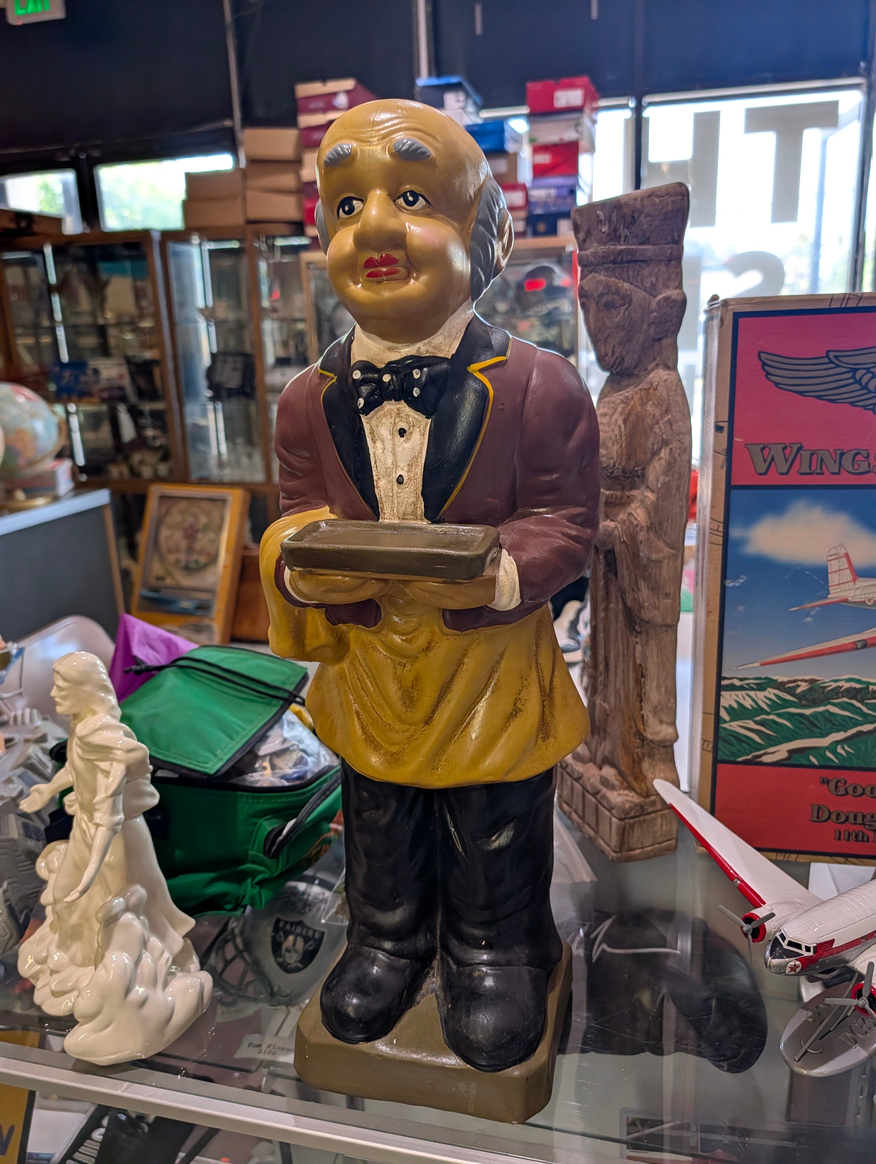 Vintage Butler Waiter Restaurant Host Statue Decorative Display Figure Serving Tray