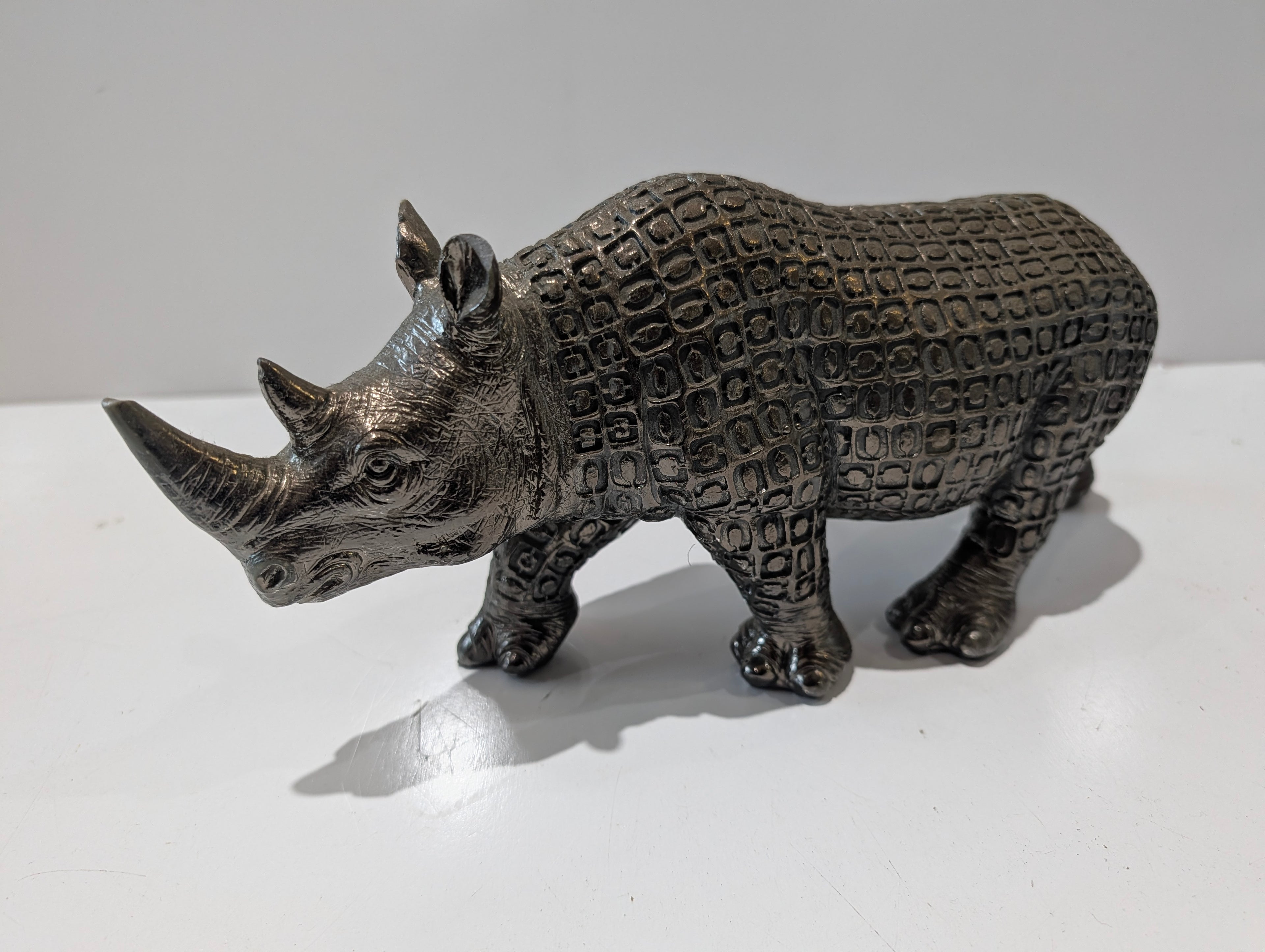 Silver Tone Rhinoceros Figurine Wildlife Safari Decor Collectible Rhino Statue