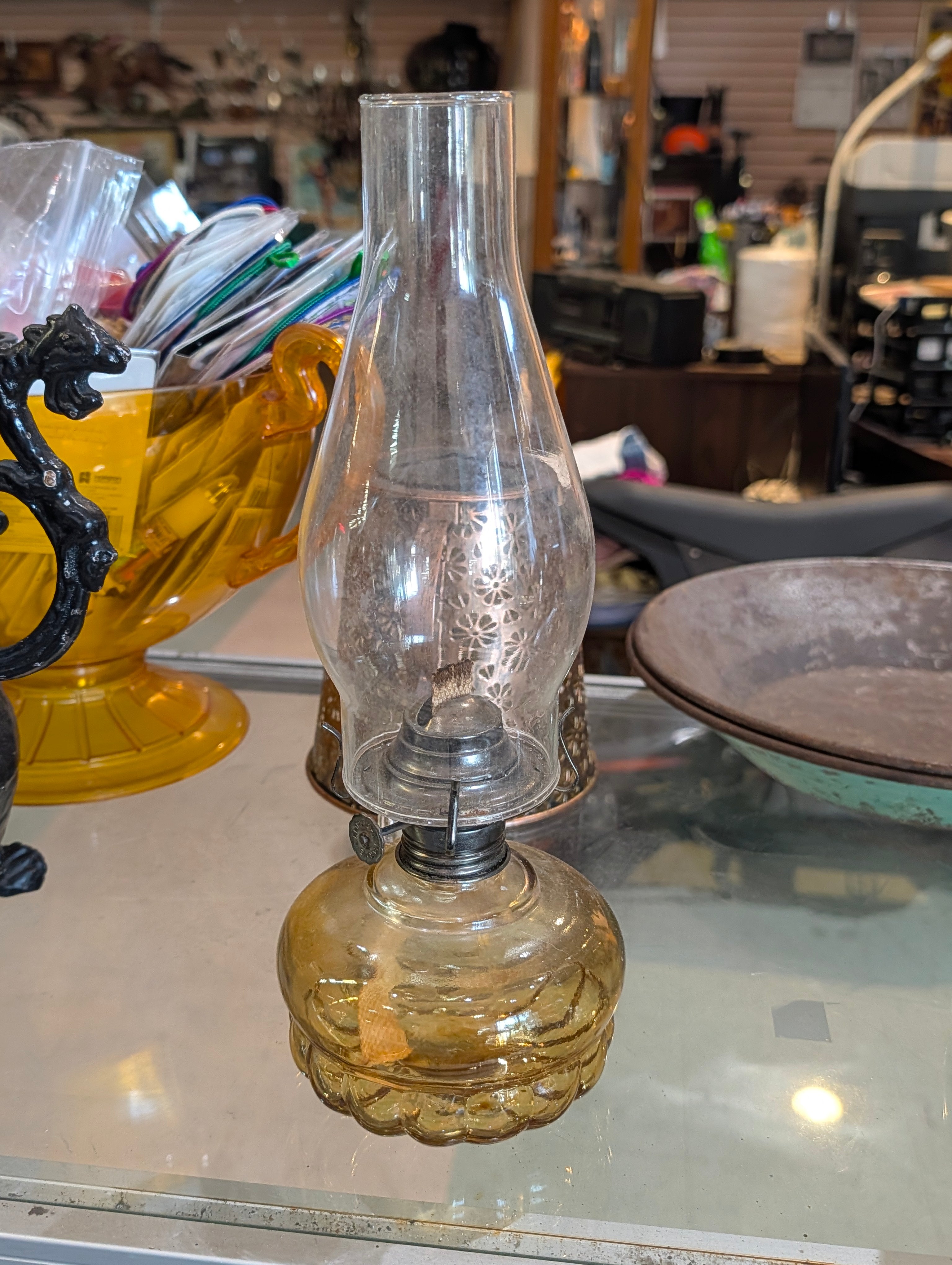 Vintage Amber Glass Kerosene Oil Lamp With Clear Hurricane Chimney Ribbed Base