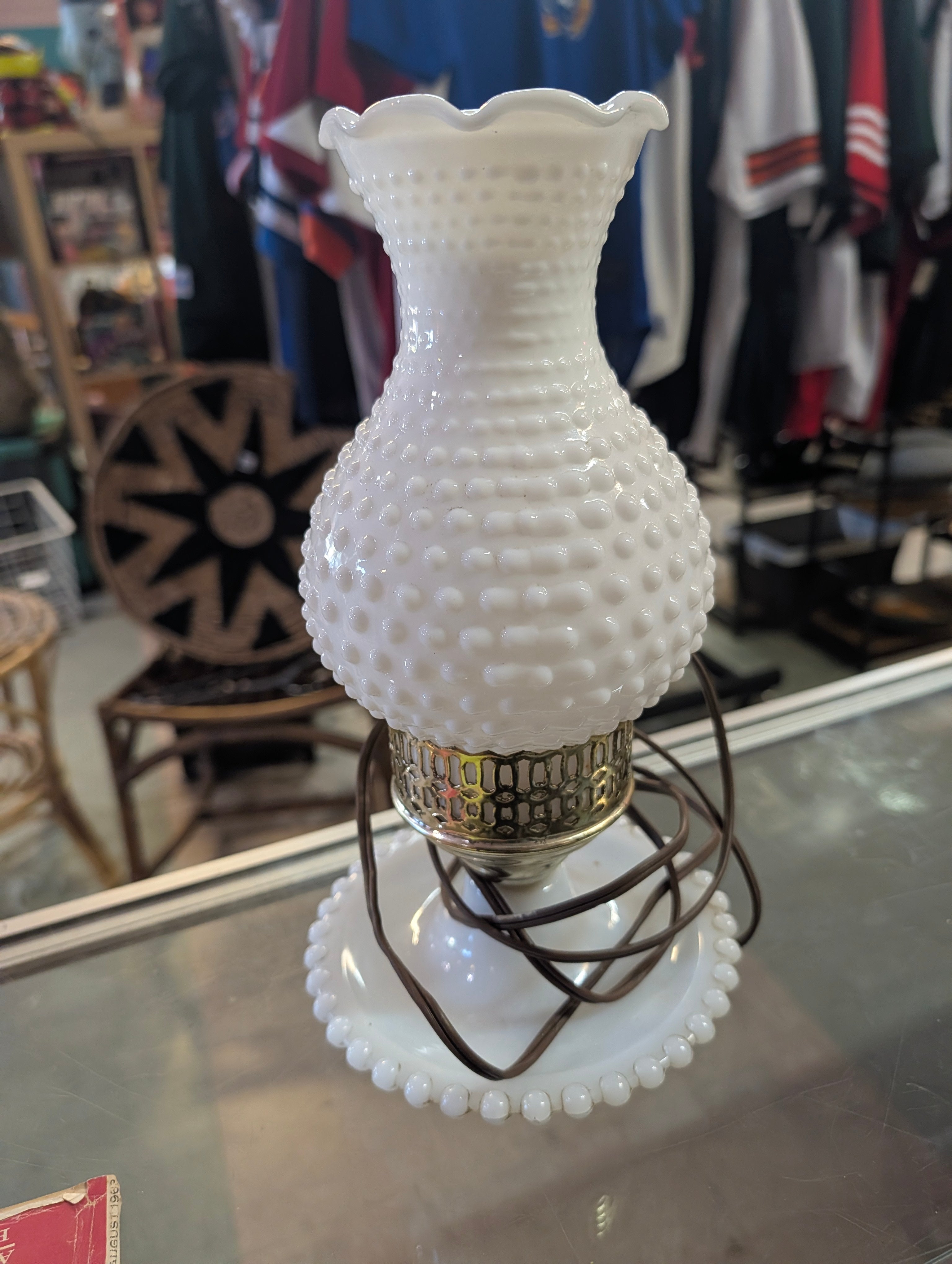 Vintage White Milk Glass Hobnail Hurricane Table Lamp Base With Ruffled Shade
