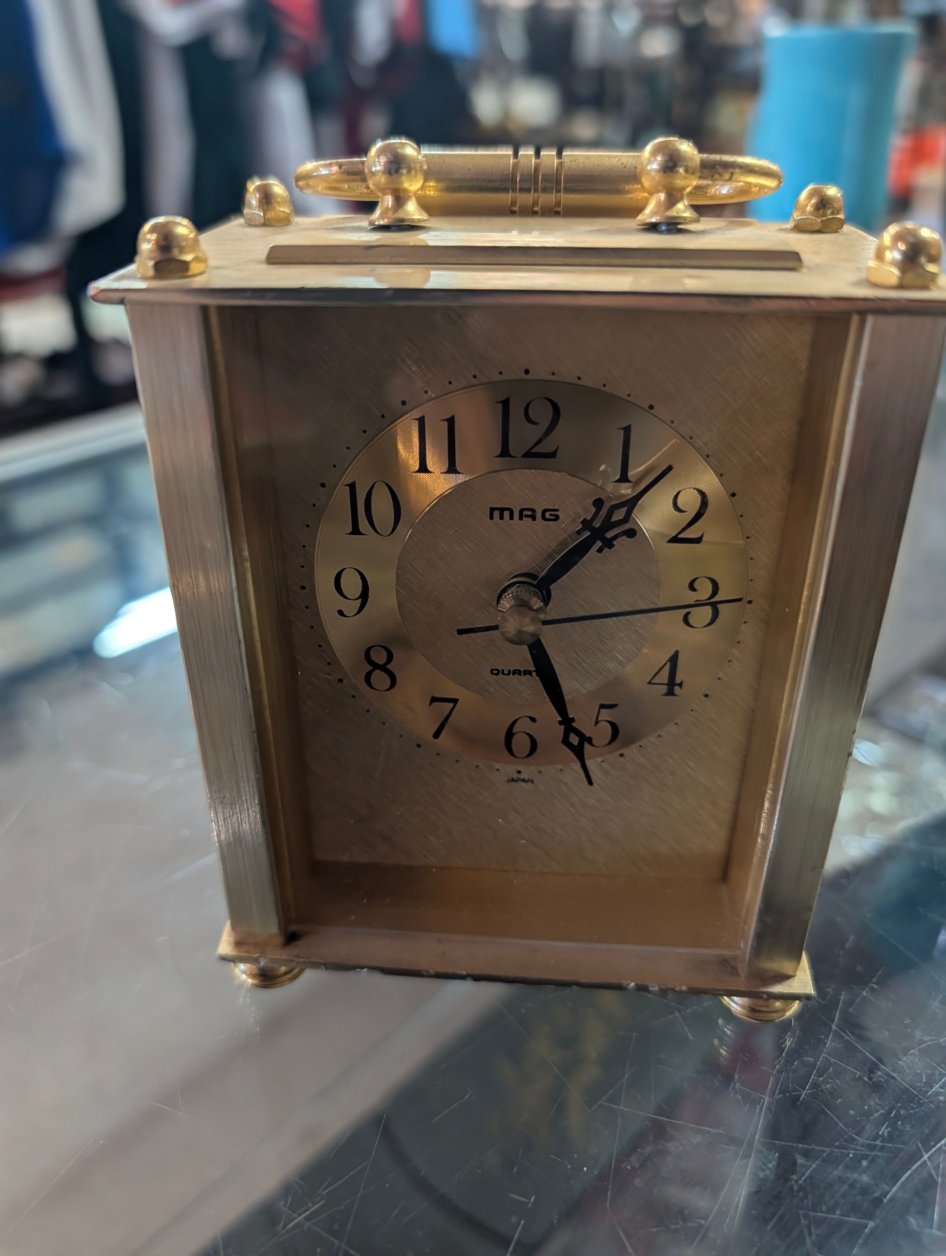 Vintage MAG Quartz Brass Carriage Desk Clock Japan Mantel Shelf Working Decor