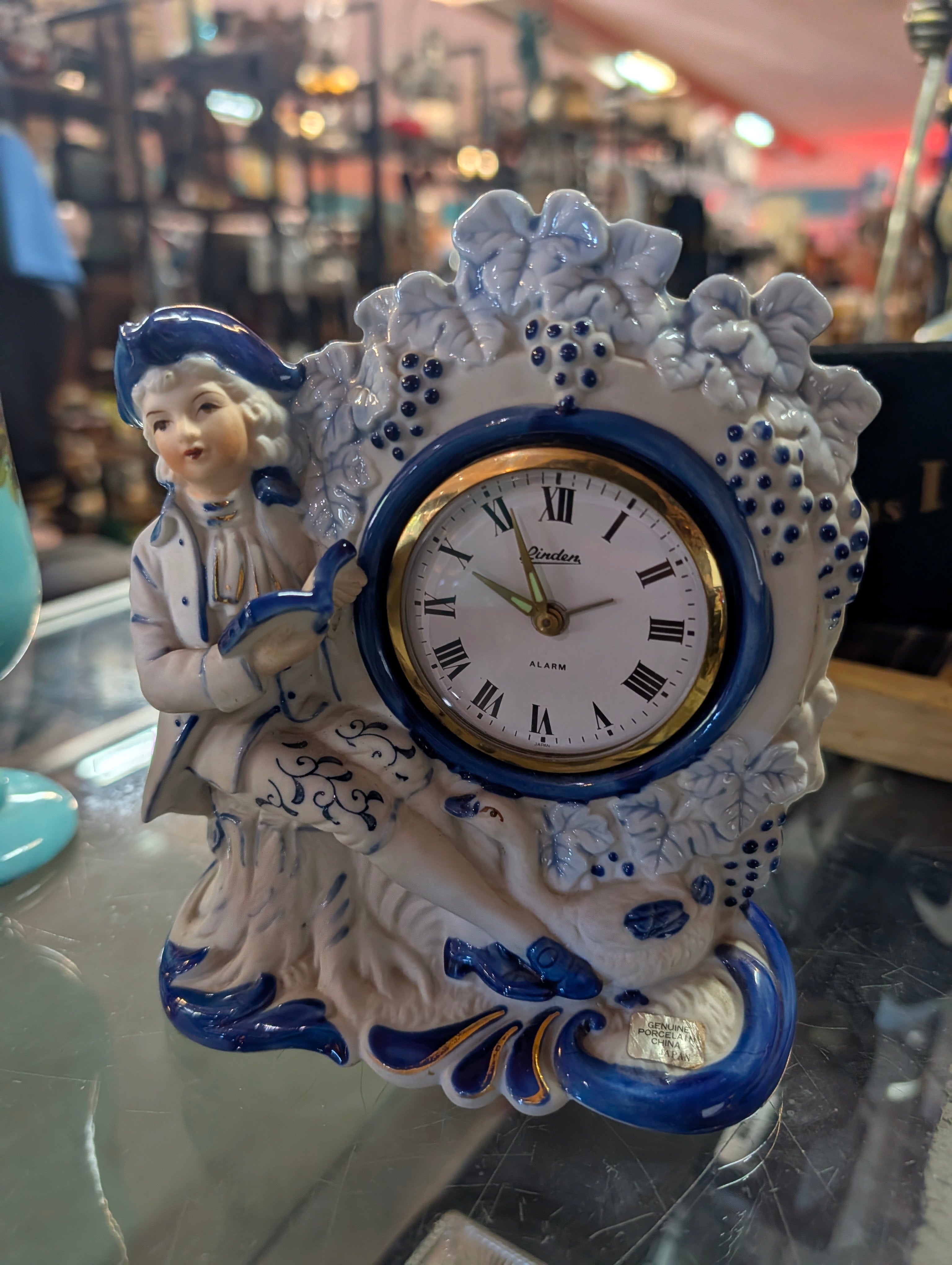 Vintage Pinder Porcelain Figural Alarm Clock Blue White Japan Mantel Decor Art