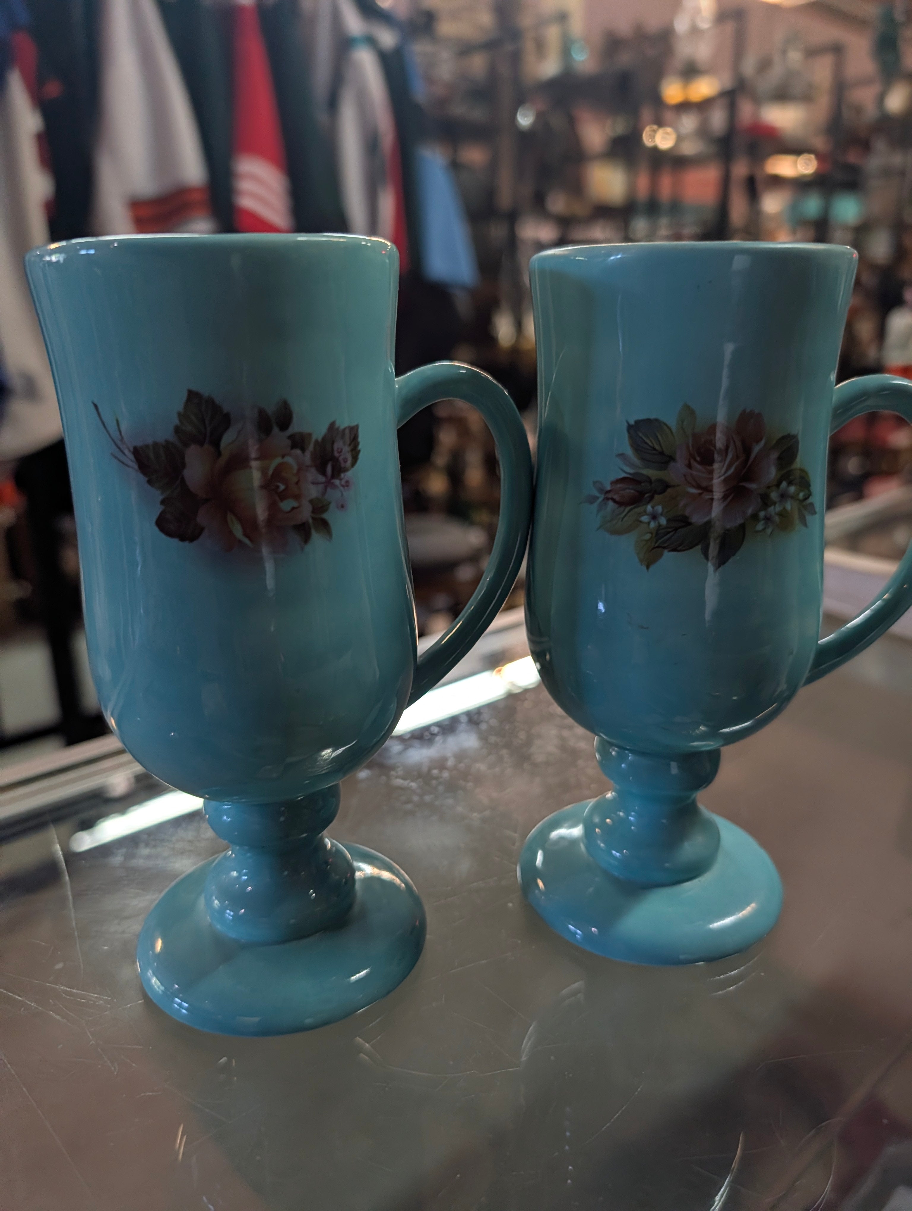 Aqua Blue Milk Glass Pedestal Coffee Mugs Floral Footed Cups Set