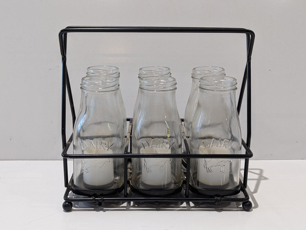 Decorative Dairy Glass Bottle LED Candle Set With Black Metal Carrier Farmhouse