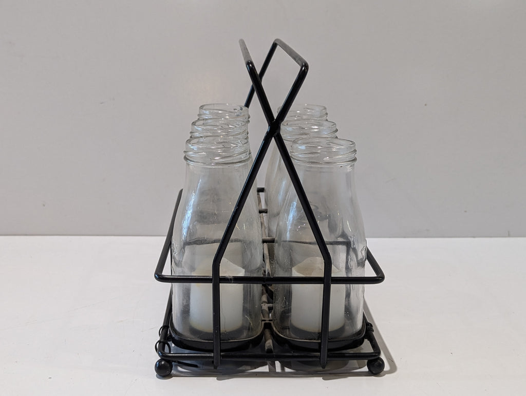 Decorative Dairy Glass Bottle LED Candle Set With Black Metal Carrier Farmhouse