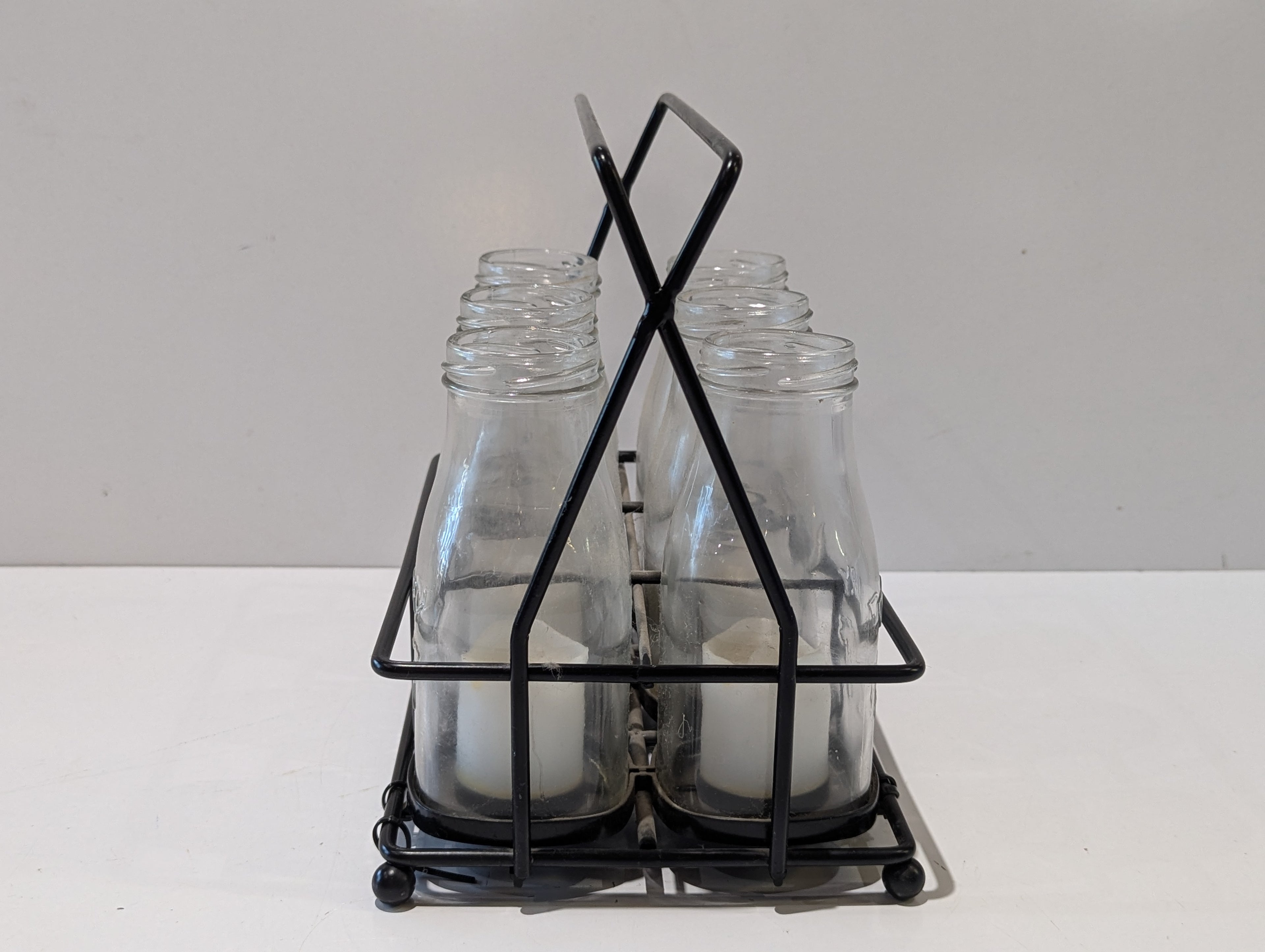 Decorative Dairy Glass Bottle LED Candle Set With Black Metal Carrier Farmhouse