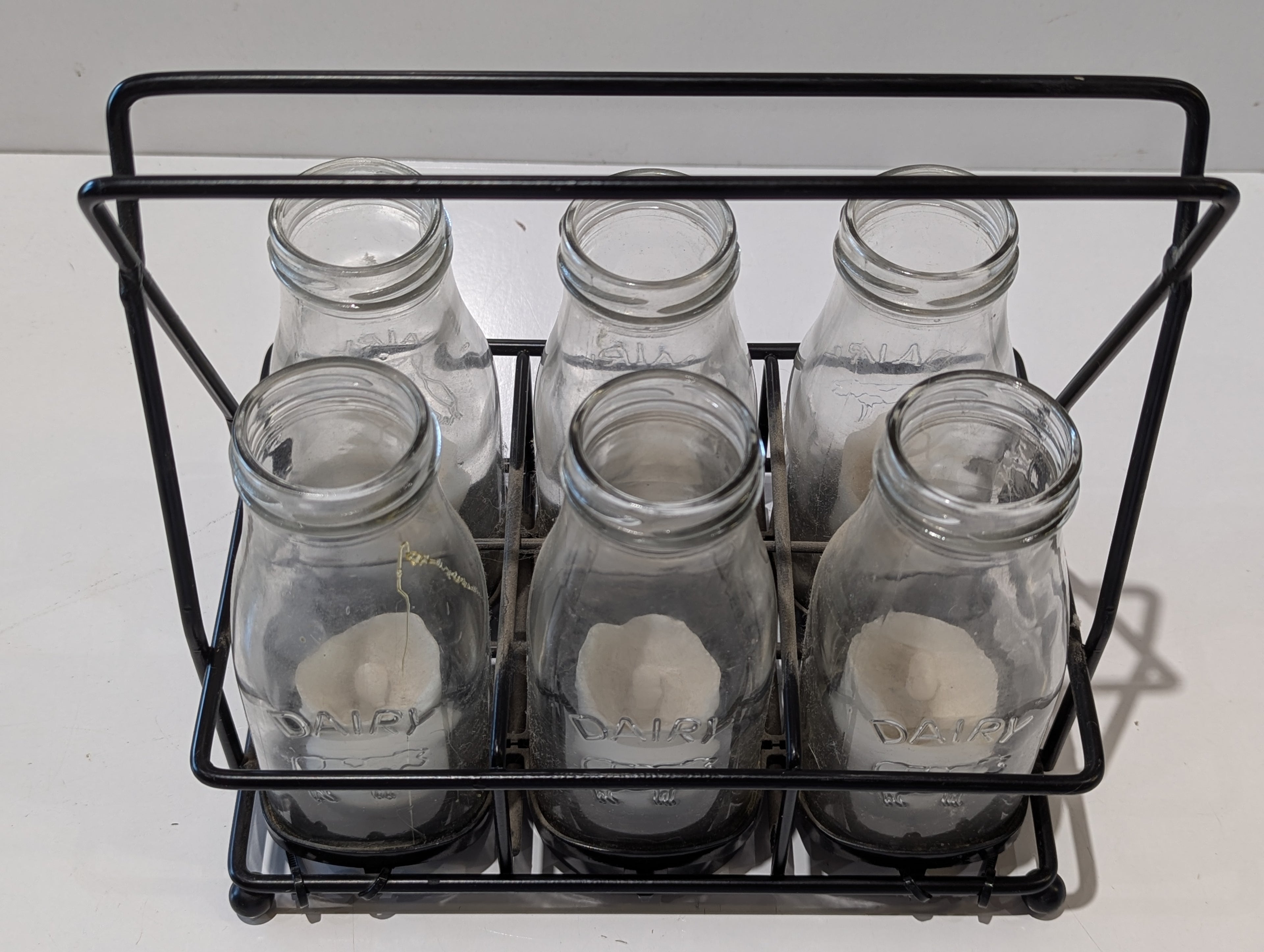 Decorative Dairy Glass Bottle LED Candle Set With Black Metal Carrier Farmhouse