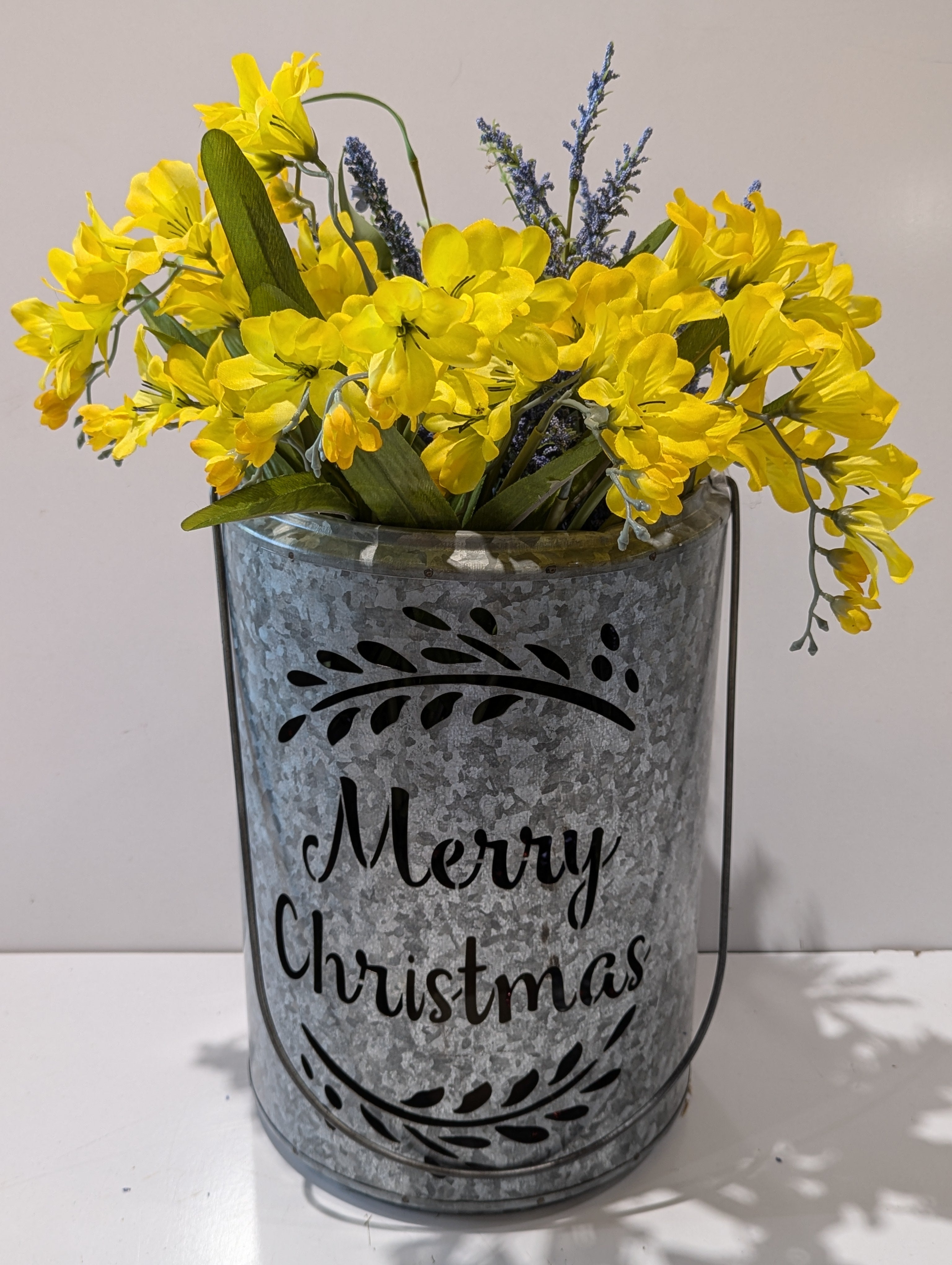 Galvanized Metal Merry Christmas LED Lantern Floral Bucket Holiday Centerpiece