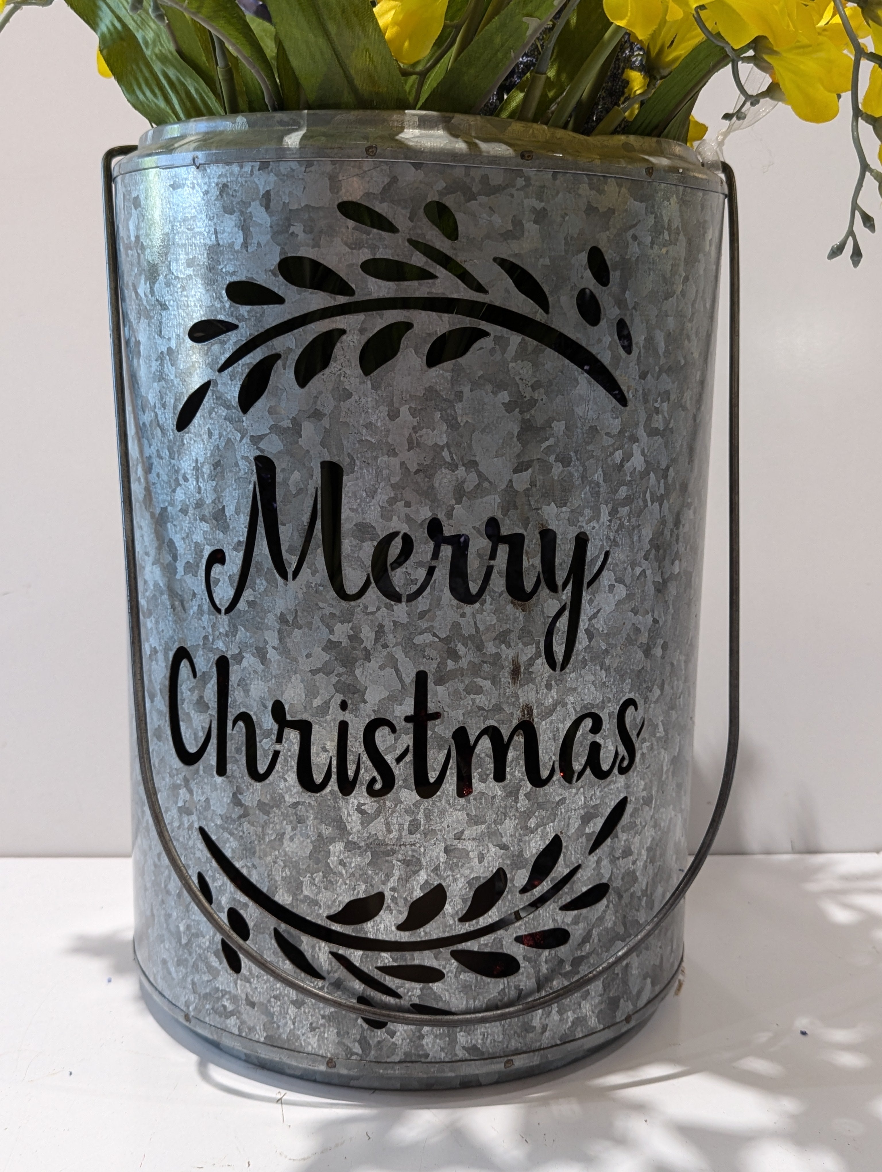 Galvanized Metal Merry Christmas LED Lantern Floral Bucket Holiday Centerpiece