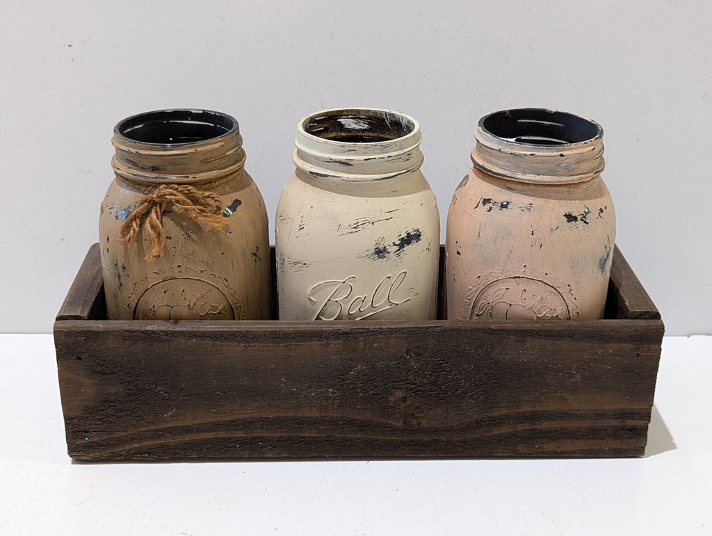 Farmhouse Distressed Mason Jar Centerpiece Wooden Crate With 3 Painted Ball Jars
