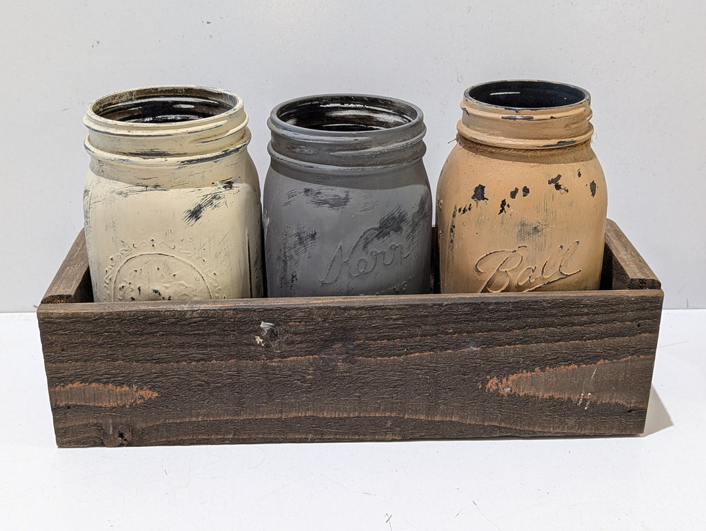 Farmhouse Distressed Mason Jar Centerpiece Wooden Crate With 3 Painted Ball Jars