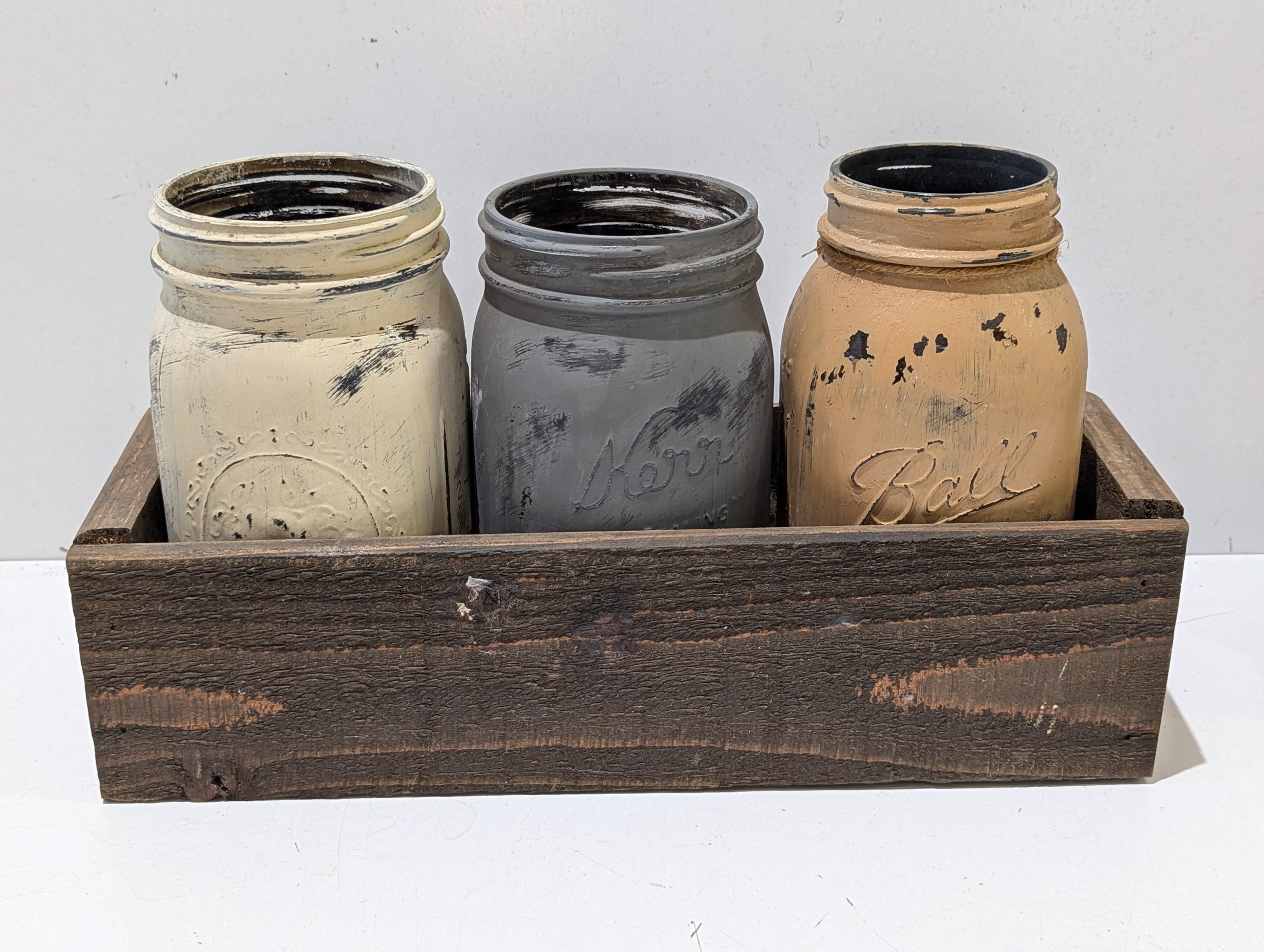 Farmhouse Distressed Mason Jar Centerpiece Wooden Crate With 3 Painted Ball Jars