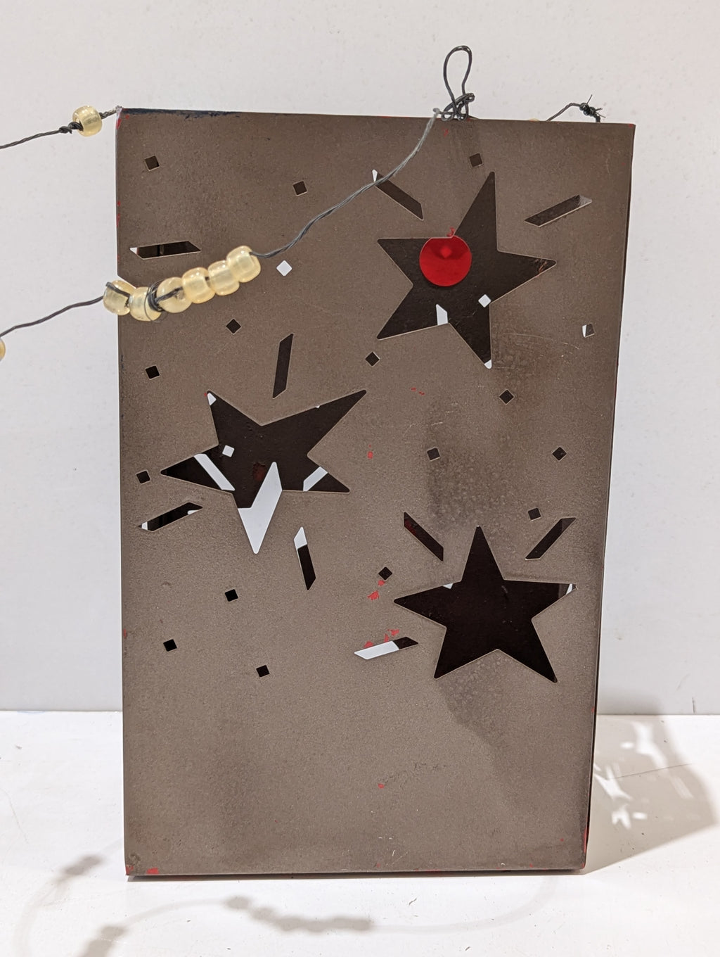Rustic Metal Star Cutout Candle Lantern Luminary With Beaded Wire Handle Decor