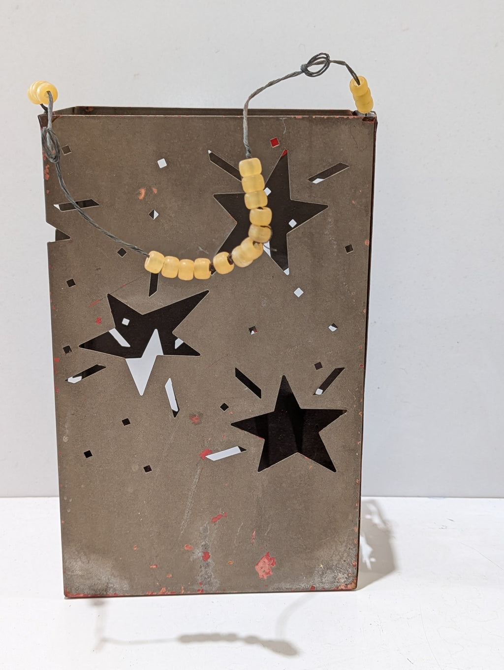 Rustic Metal Star Cutout Candle Lantern Luminary With Beaded Wire Handle Decor