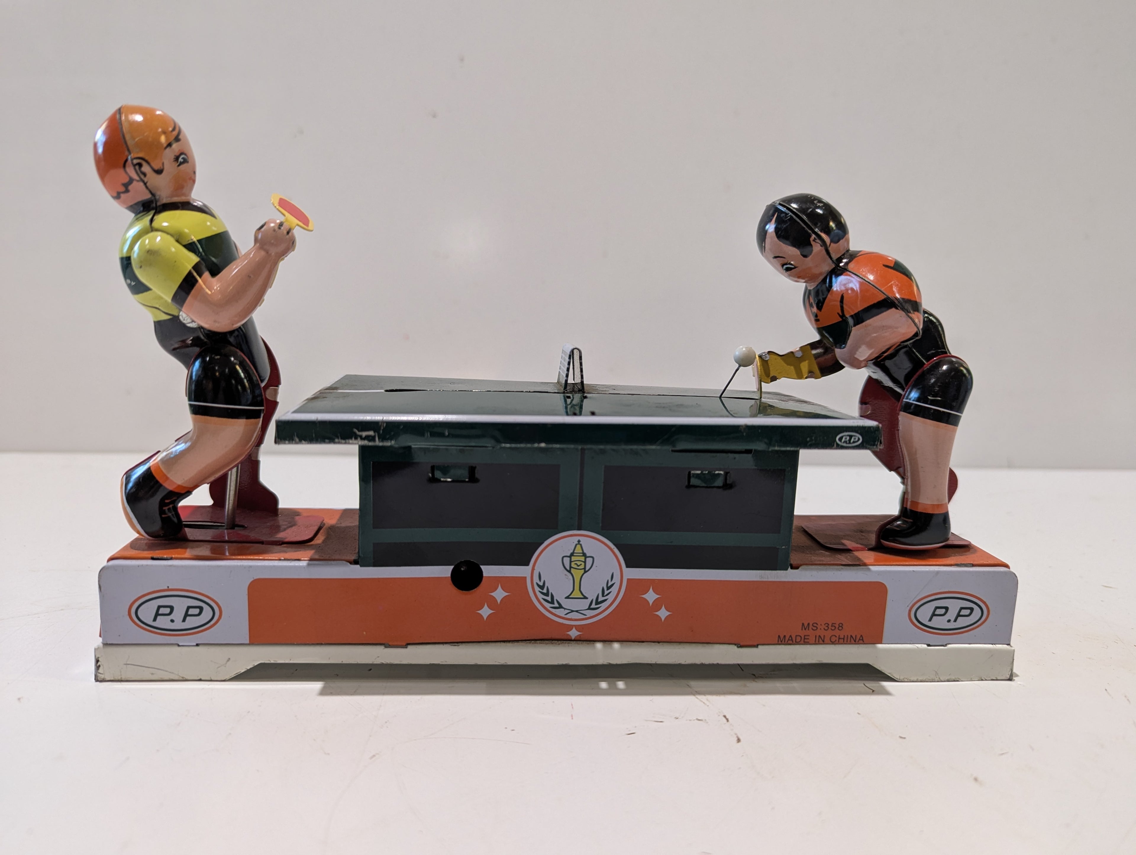 Vintage Tin Lithograph Mechanical Table Tennis Ping Pong Game Wind-Up Toy MS-358