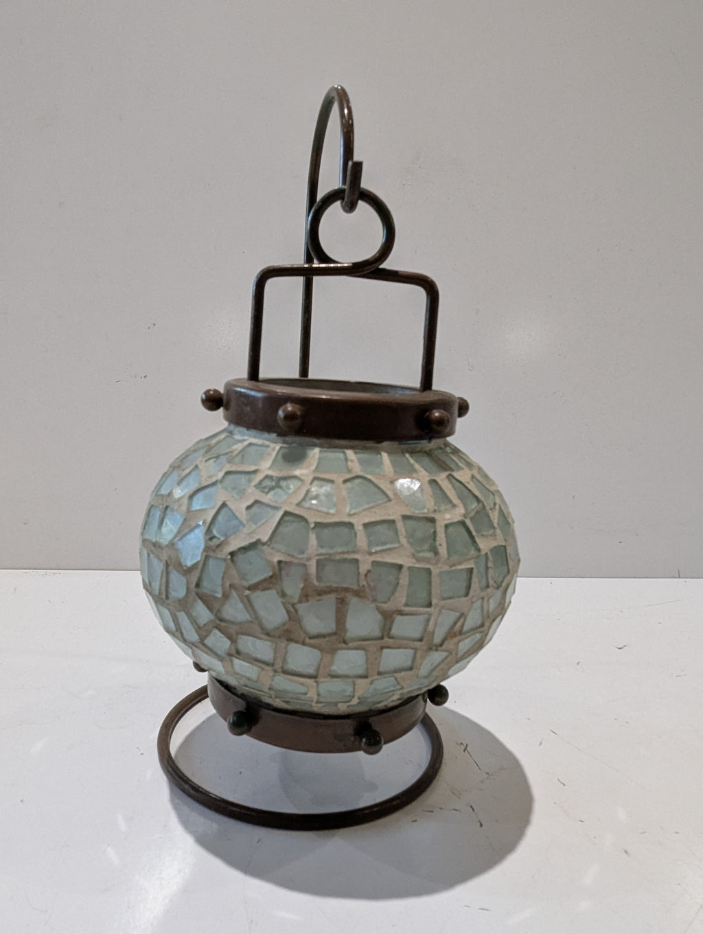 Mosaic Glass Hanging Candle Holder Lantern With Metal Stand Coastal Home Decor