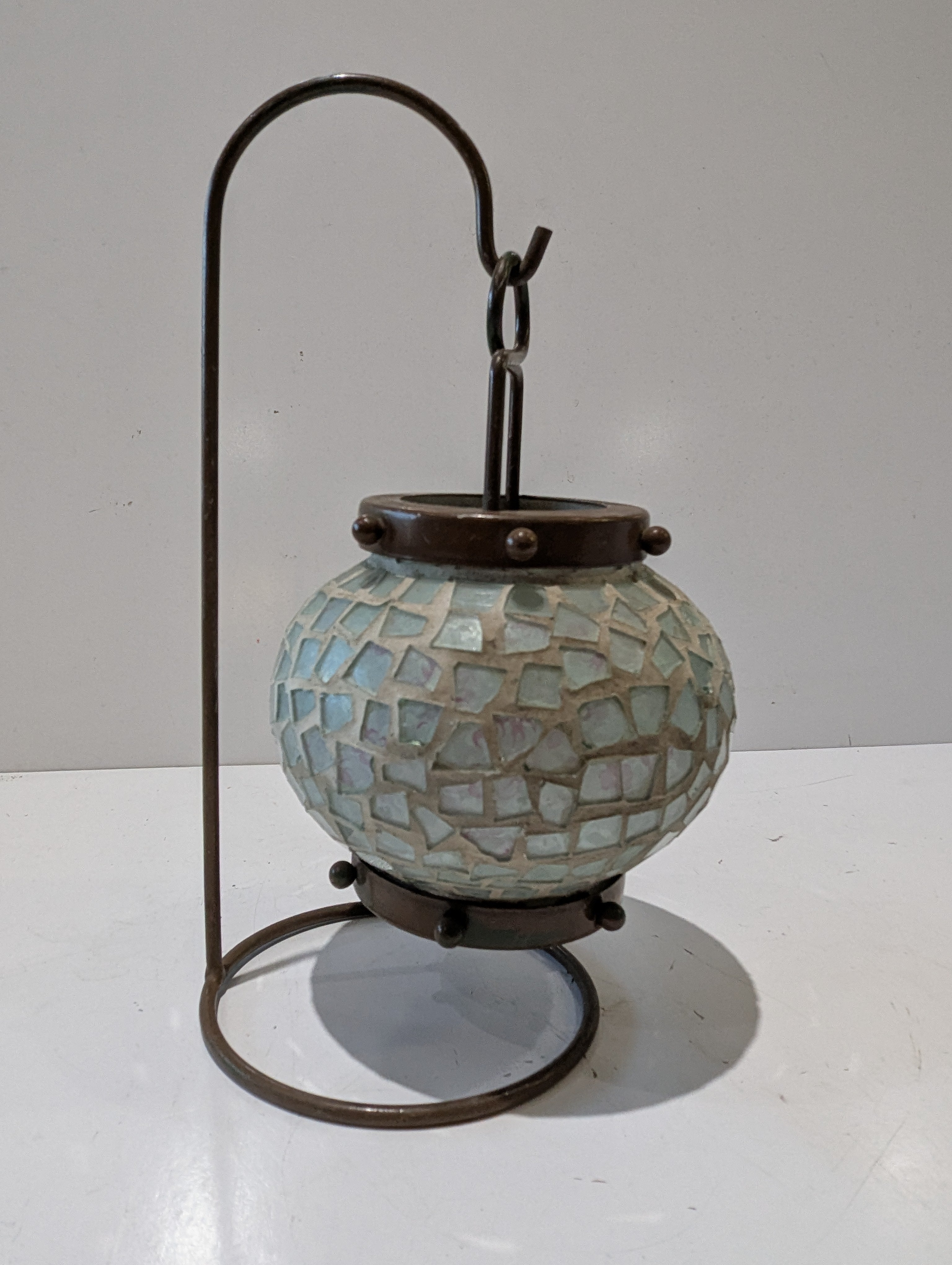 Mosaic Glass Hanging Candle Holder Lantern With Metal Stand Coastal Home Decor