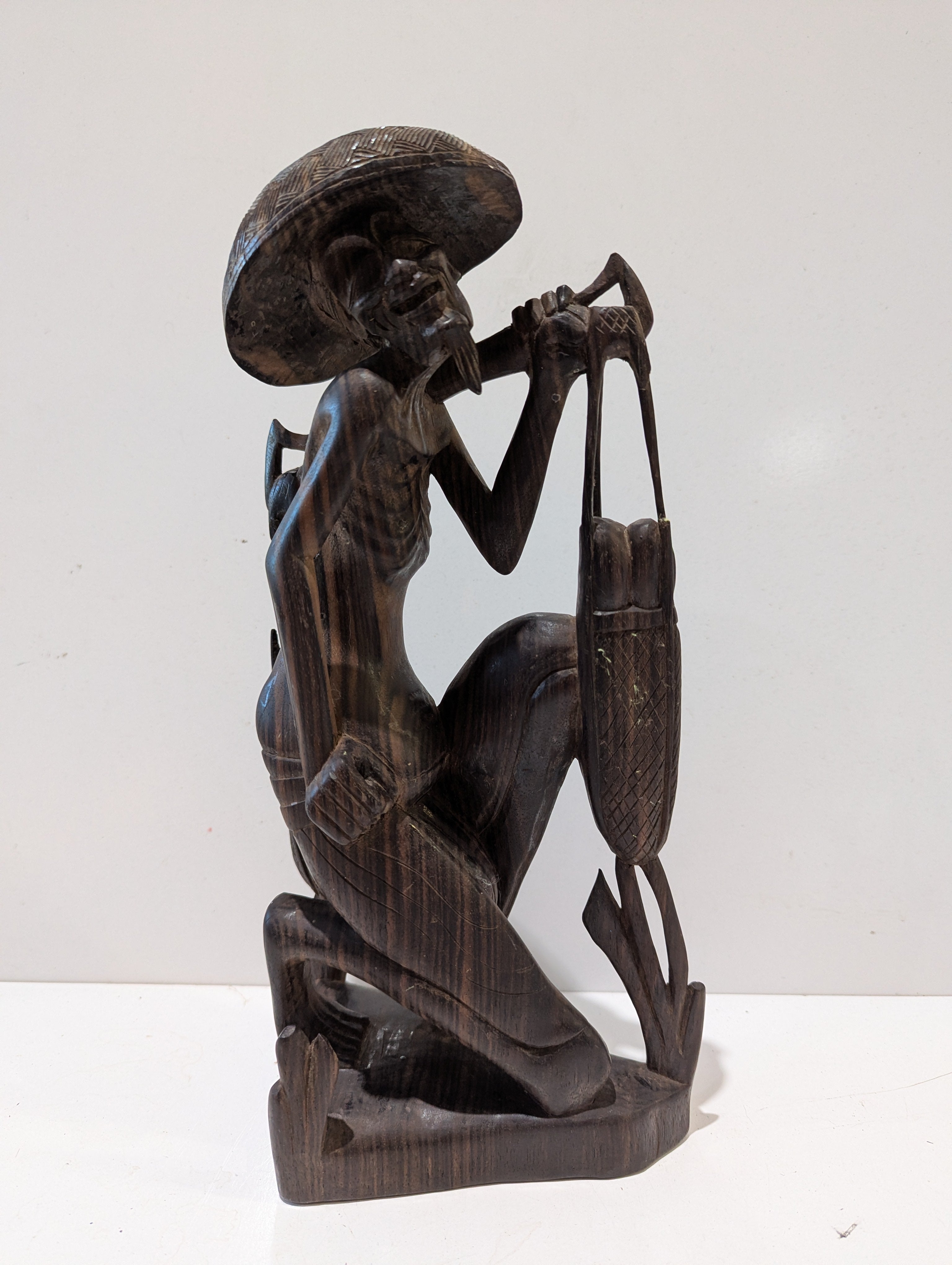 Vintage Hand Carved Wooden Farmer Figure Rice Harvester Folk Art Sculpture Decor