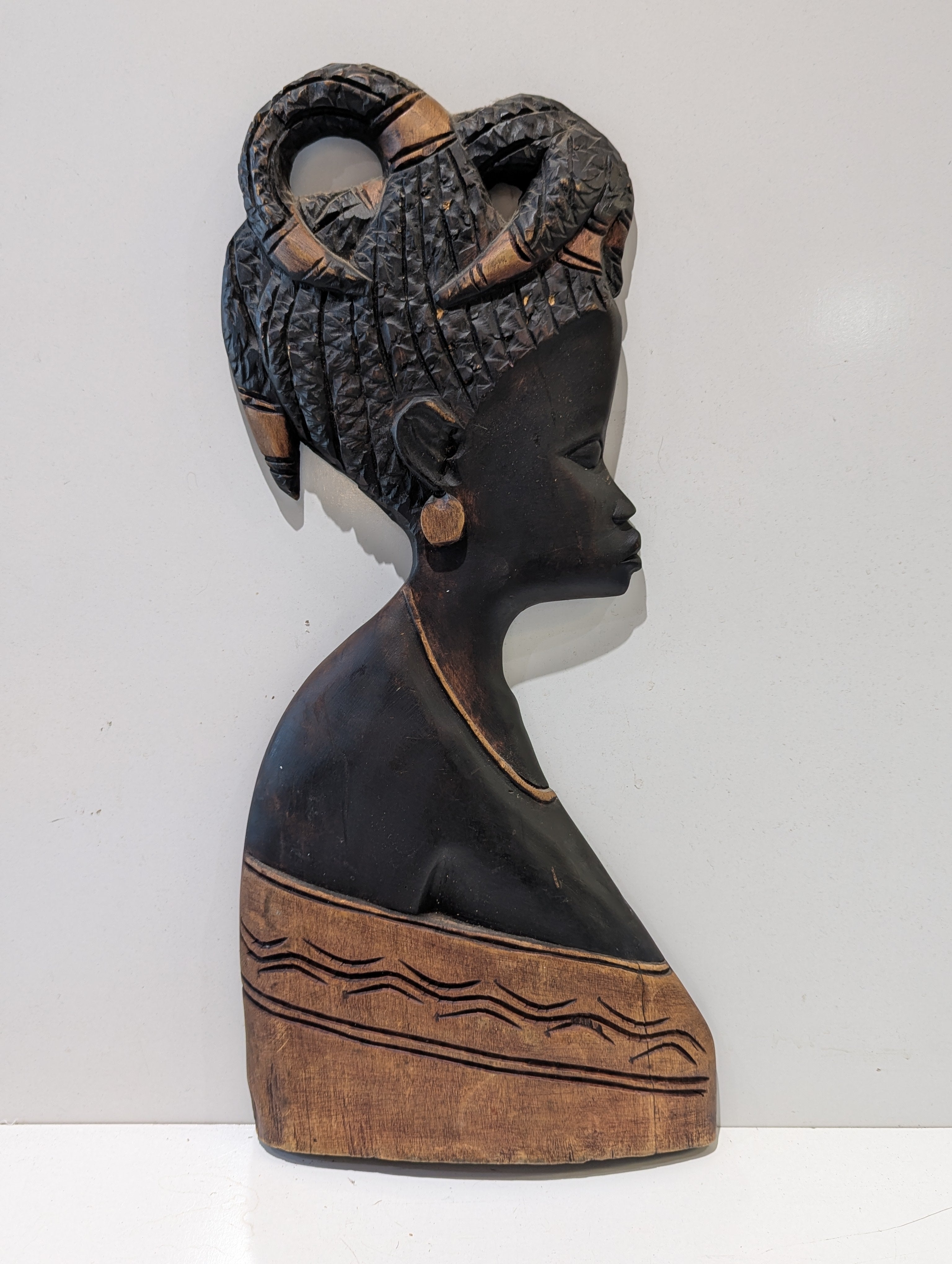 Hand Carved African Woman Profile Wall Plaque Wooden Tribal Bust Folk Art Decor