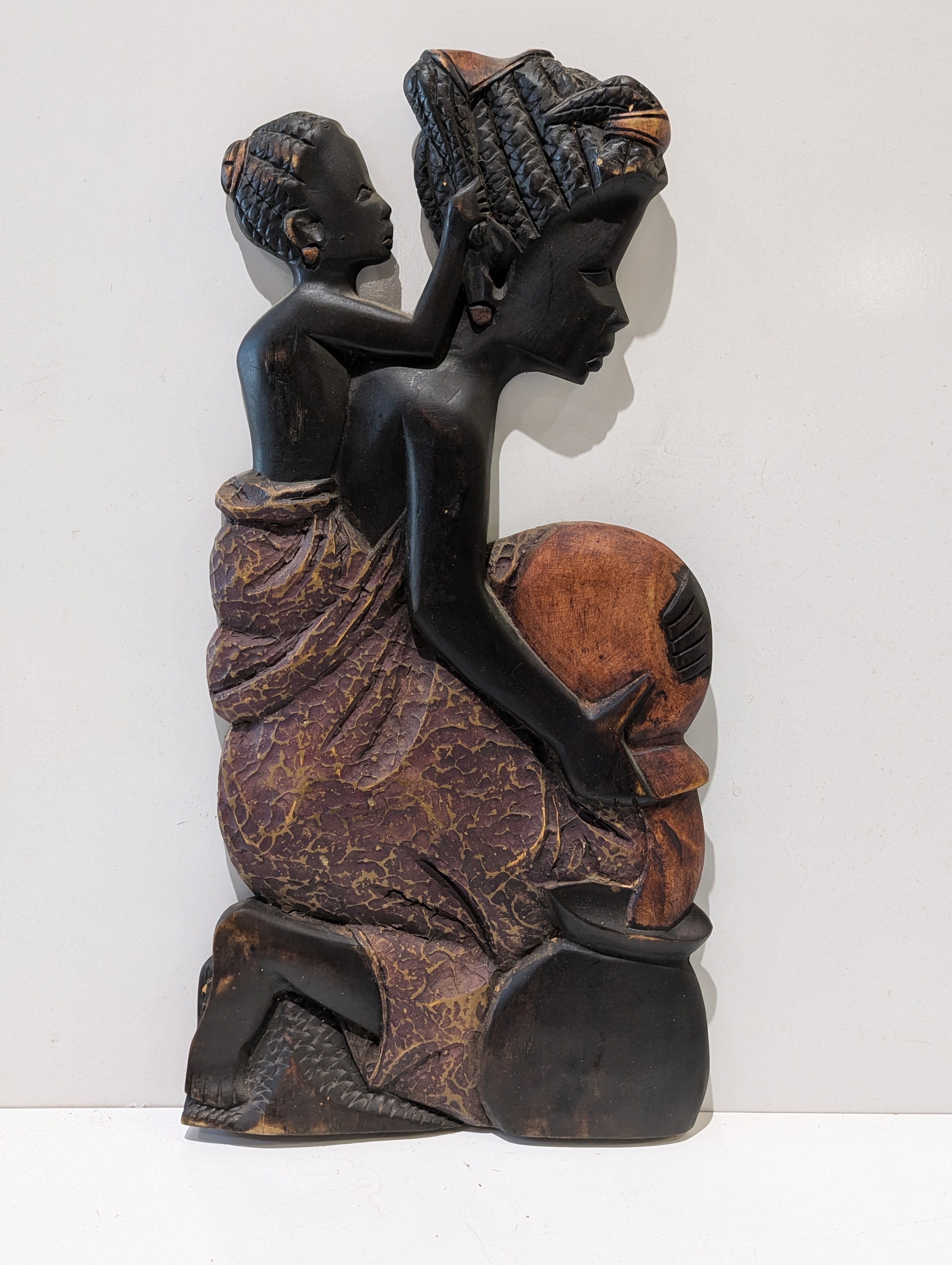 Hand Carved African Mother Child Wooden Sculpture Tribal Folk Art Wall Hanging Decor