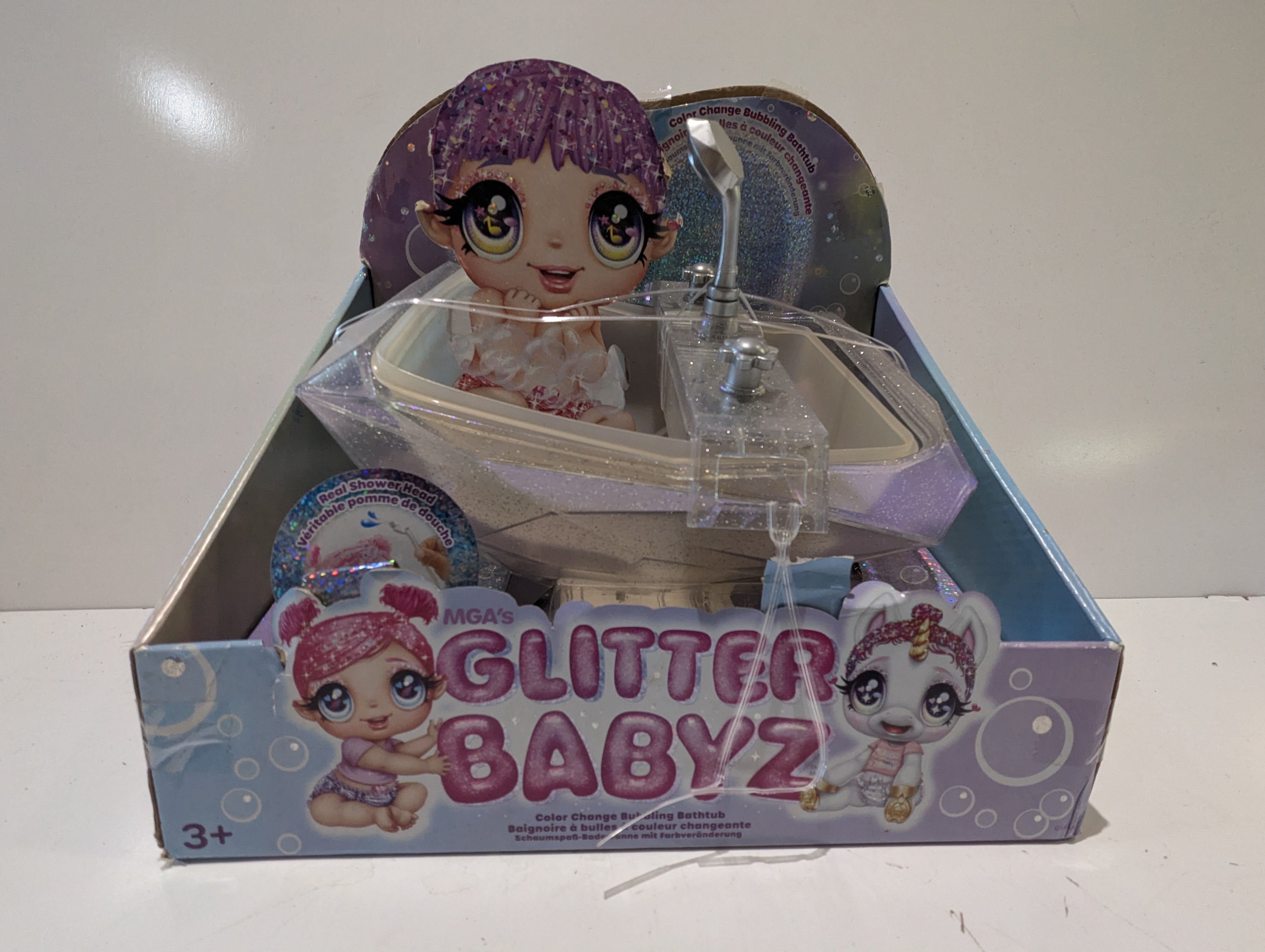 MGA Glitter Babyz Color Change Bubbling Bathtub Playset Doll Bath Tub Complete